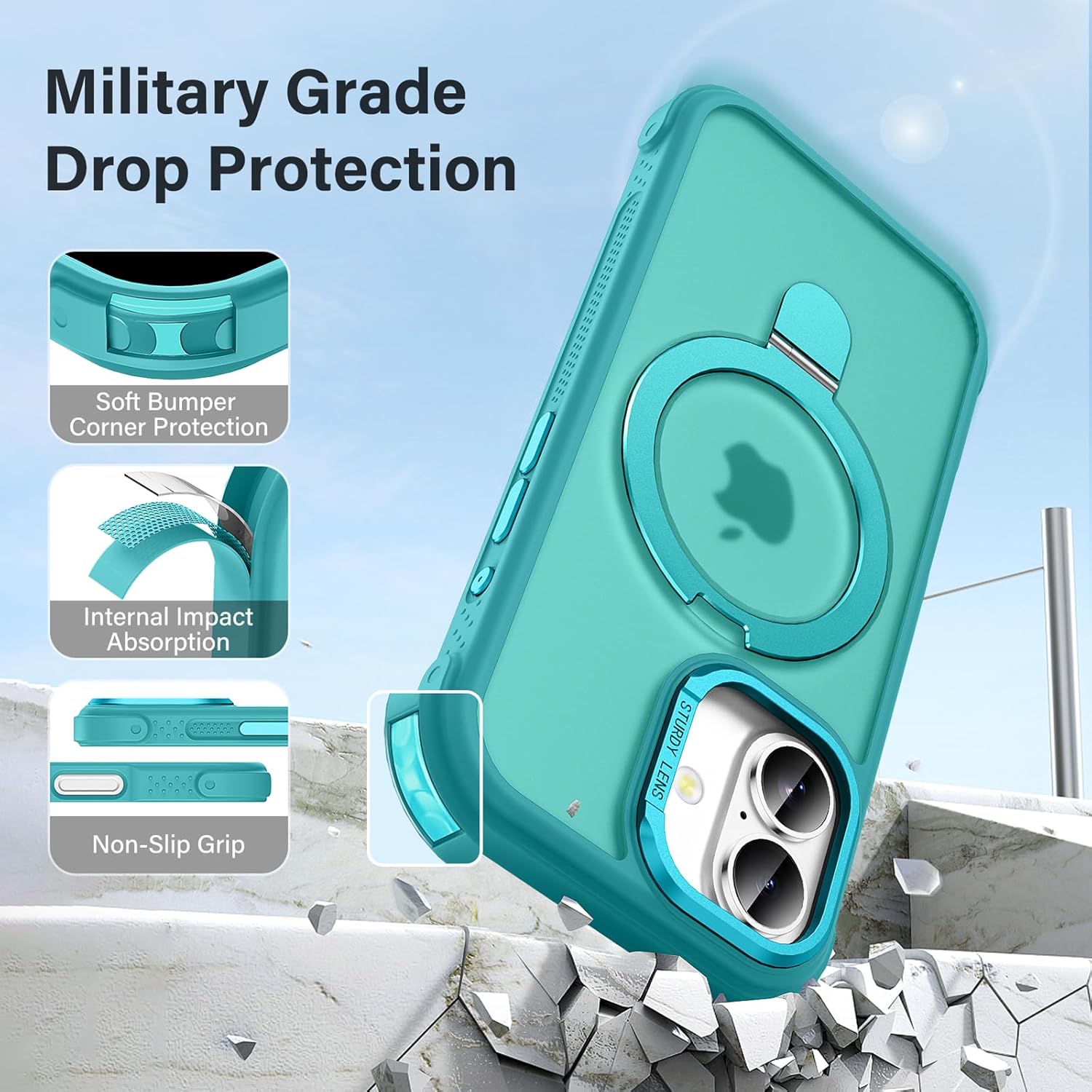Designed for iPhone 16 Plus Case with Magnetic Stand, [Military Drop Protection][Great Grip Feeling] Matte Translucent Back Slim Shockproof Phone Cover for iPhone 16 Plus 6.7", Darkcyan - Image 4