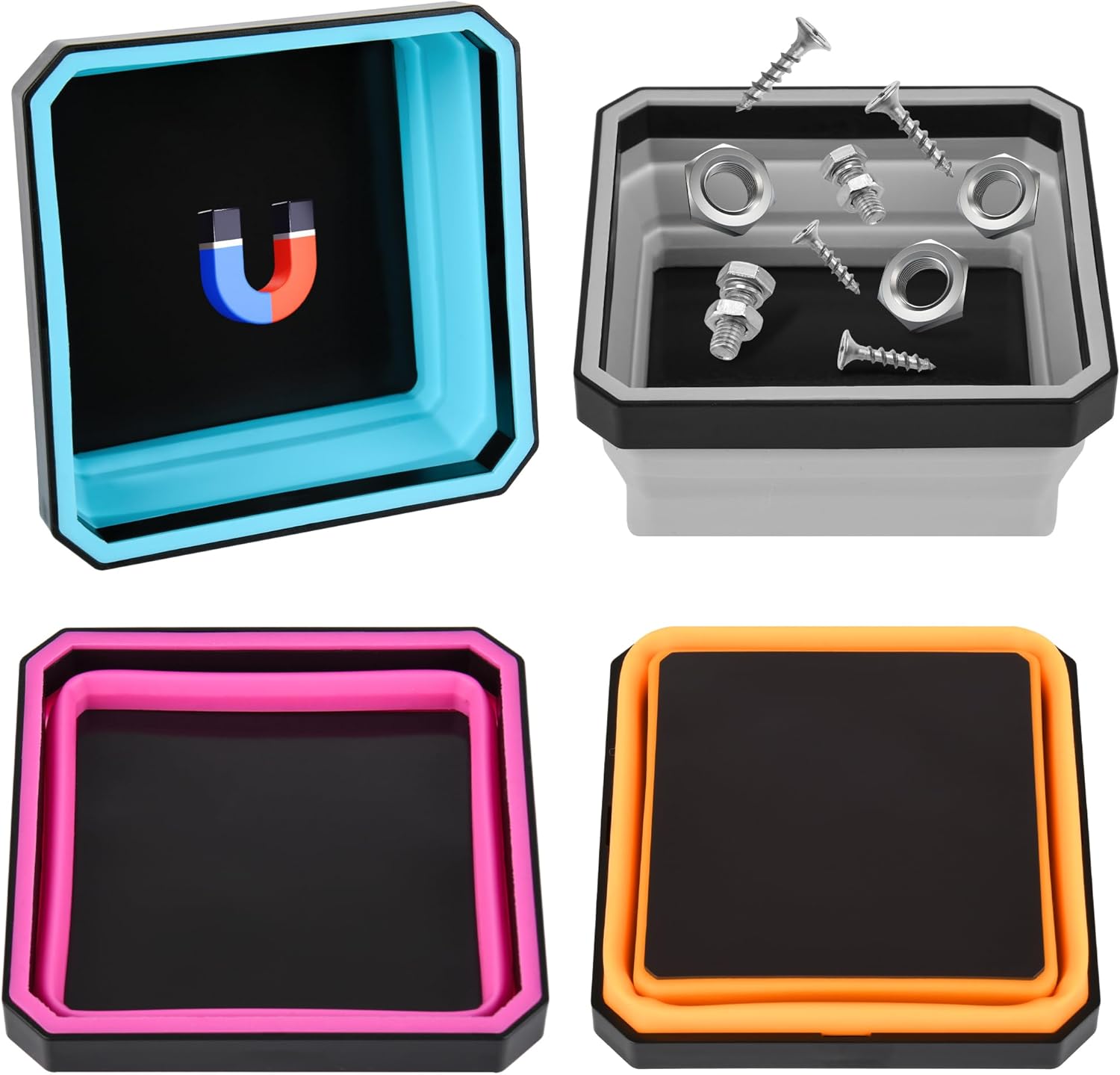 Collapsible Magnetic Parts Tray Set, 4-Pack Square Silicone Foldable Bowls with Dual-Sided Magnetic Base, Magnetic Foldable Tool Trays for Screw, Bolts, Pins and Other Small Metal Parts