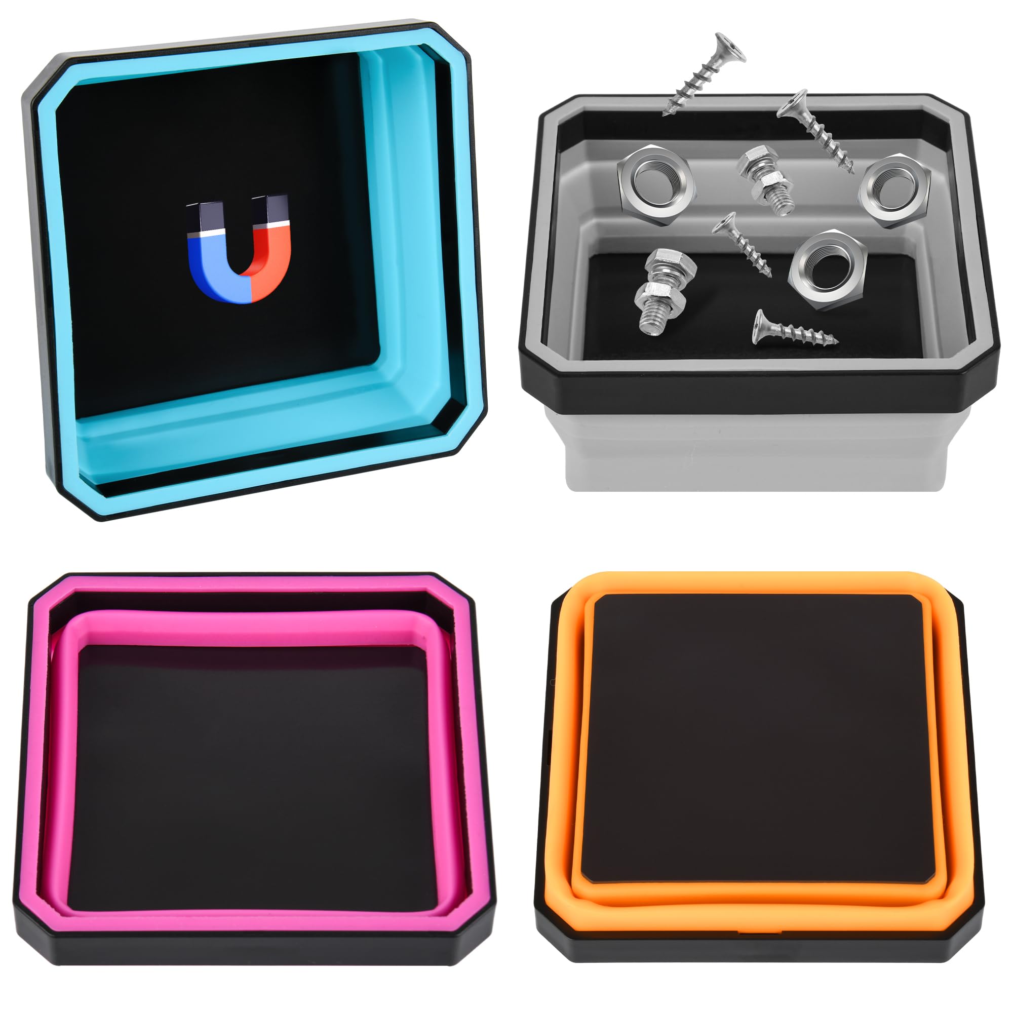Collapsible Magnetic Parts Tray Set, 4-Pack Square Silicone Foldable Bowls with Dual-Sided Magnetic Base, Magnetic Foldable Tool Trays for Screw, Bolts, Pins and Other Small Metal Parts