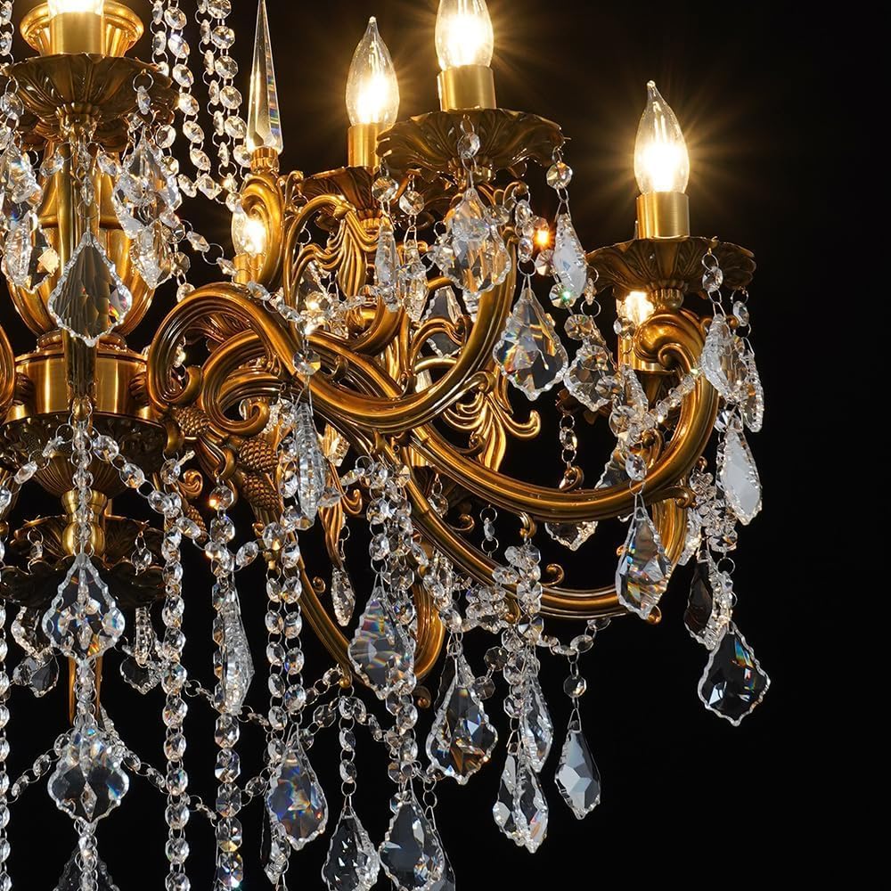 Antique Crystal Chandelier, 15-Lights Gold Bronze Candle Pendant Ceiling Light Fixture with K9 Crystals for Hotel, Living Room, Bedroom, Kitchen Island, Hallway, Dia 32"
