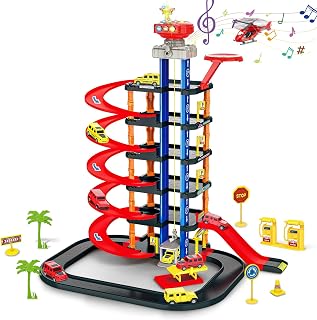 COVTOY Parking Garage Toy Playset - Race Car Track with Sounds and Lights, Includes Cars and Helicopter - Boys' Birthday Gifts, Ages 3-5