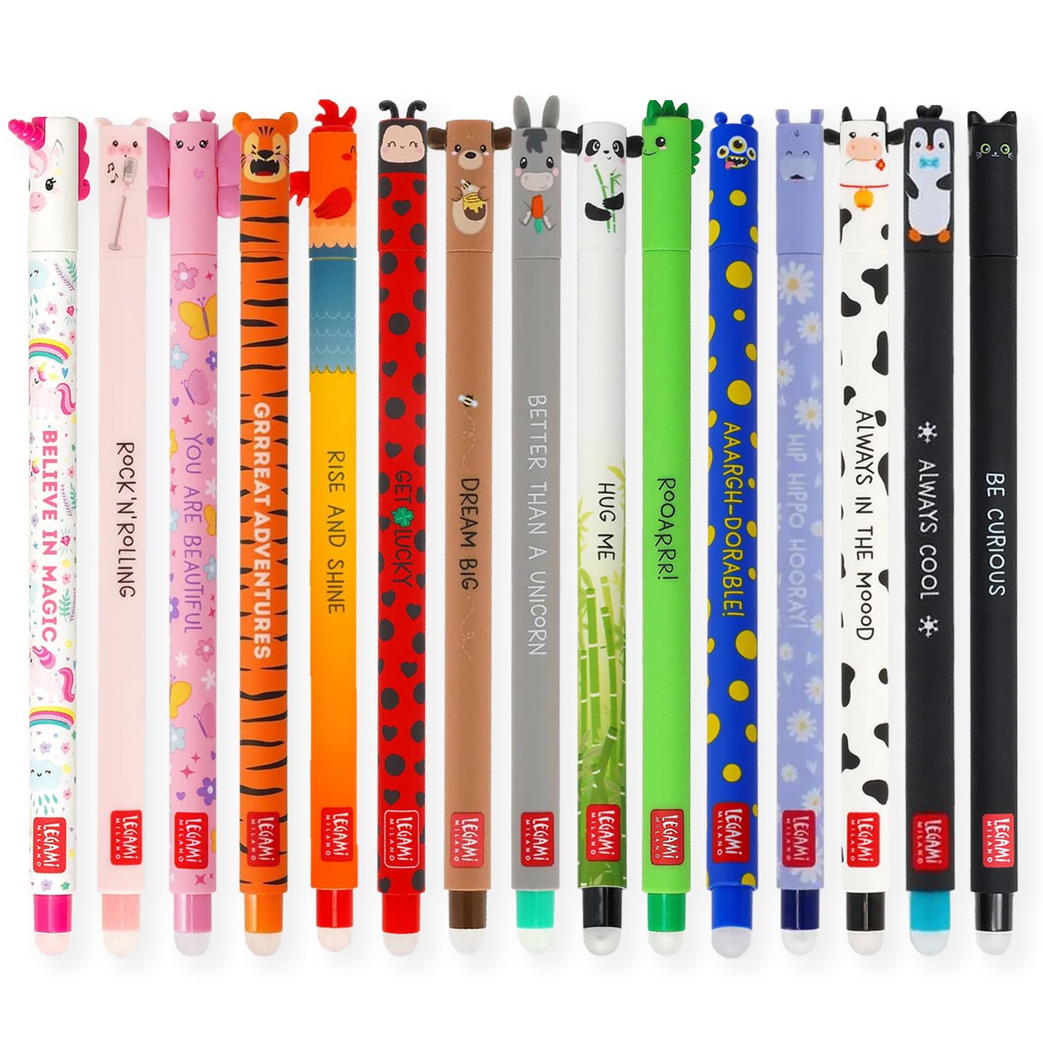 LEGAMI Set mit 15 radierbaren Gelstiften mit thermoempfindlicher Radiertinte, verschiedene Tintenfarben und Schaftdesigns, 0,7 mm Spitze, Tierdesigns, Marienkäfer, Monster, Tiger und Bauernhof