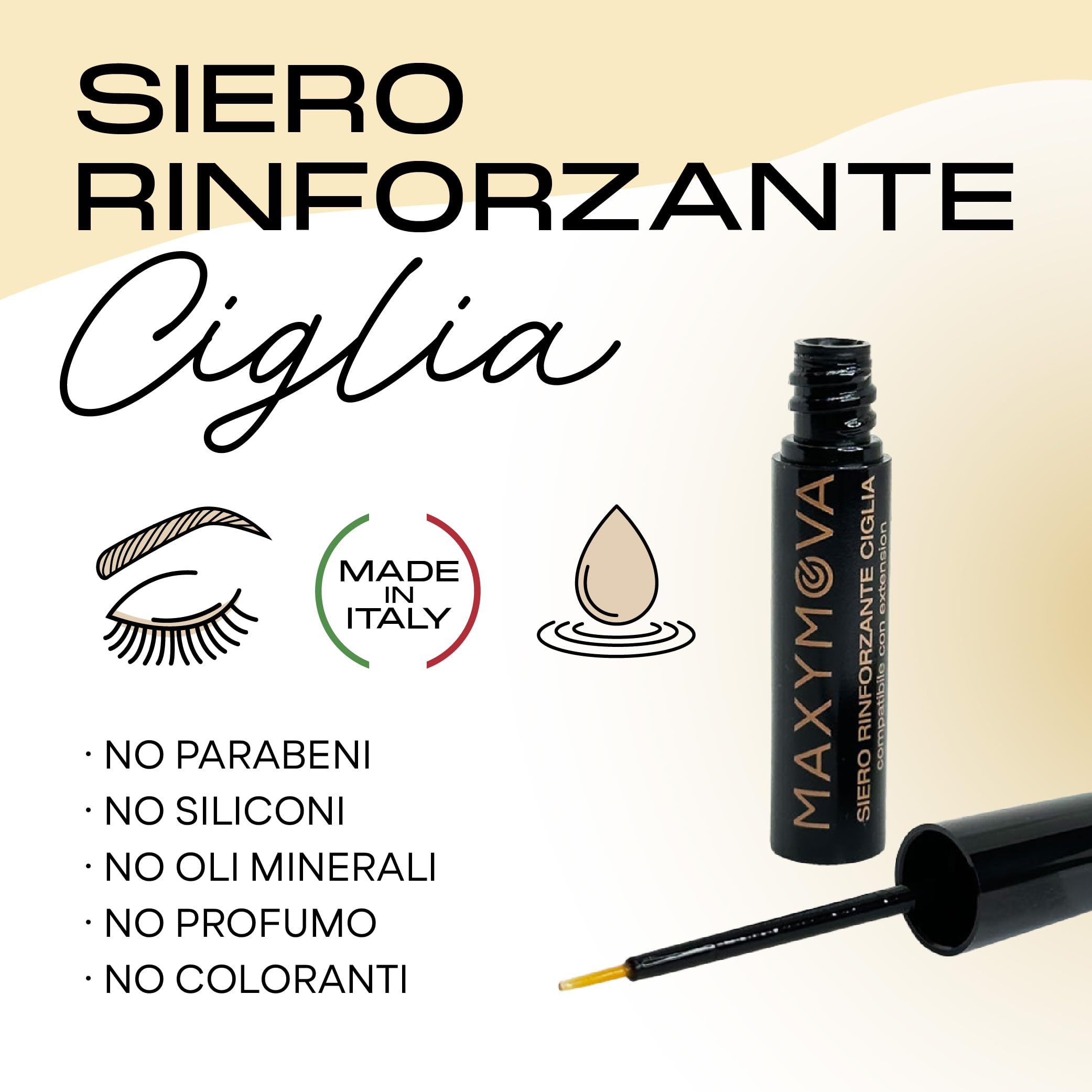MAXYMOVA Siero rinforzante ciglia e sopracciglia, trattamento nutriente e protettivo, compatibile con extension, formula delicata per uso quotidiano
