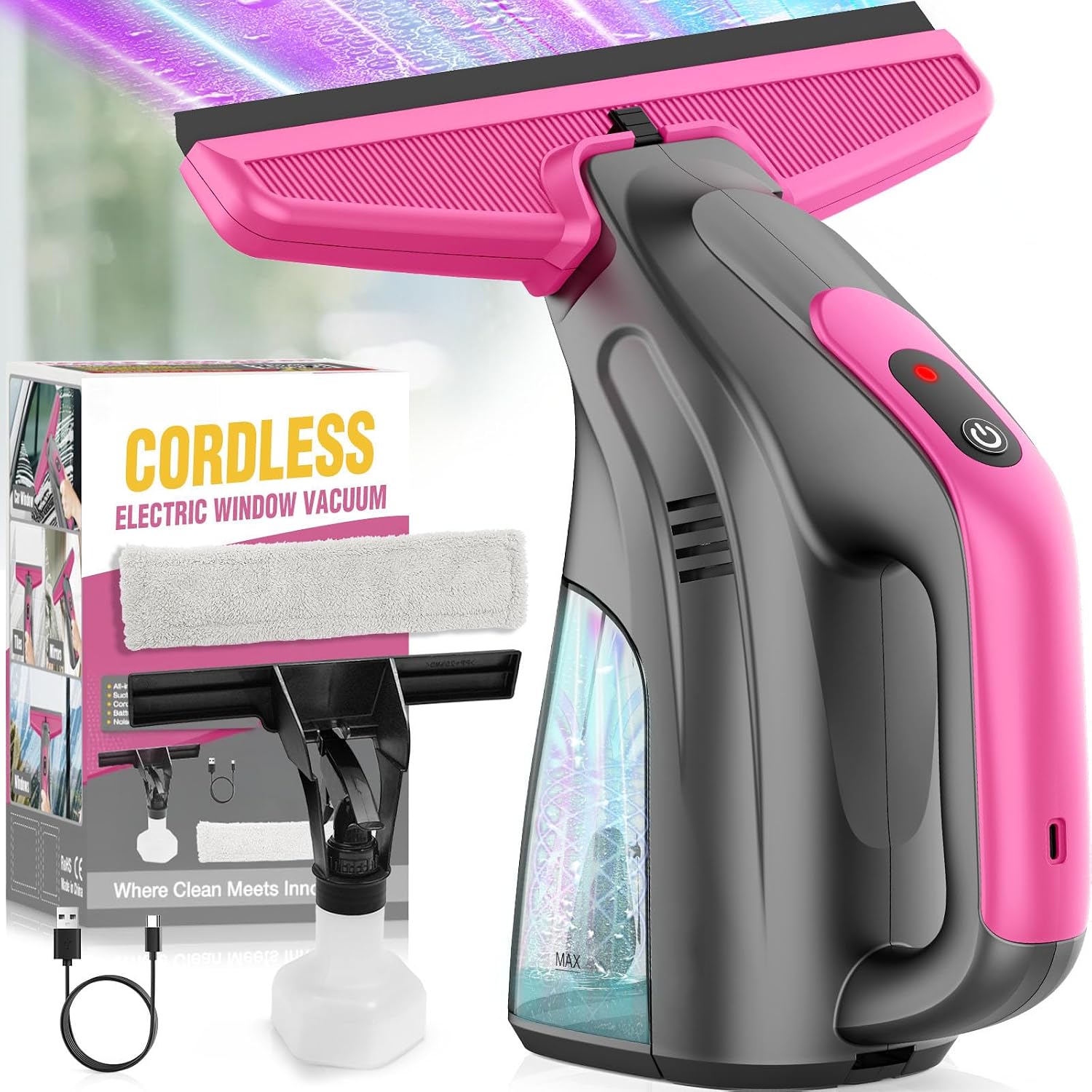 Window Vacuum Squeegee Cordless, 2000Pa Electric Window Vacuum Cleaner with Strong Suction, Lightweight Streak-Free Window Cleaner Tool for Windows, Shower Glass, Mirrors, Car Windshields