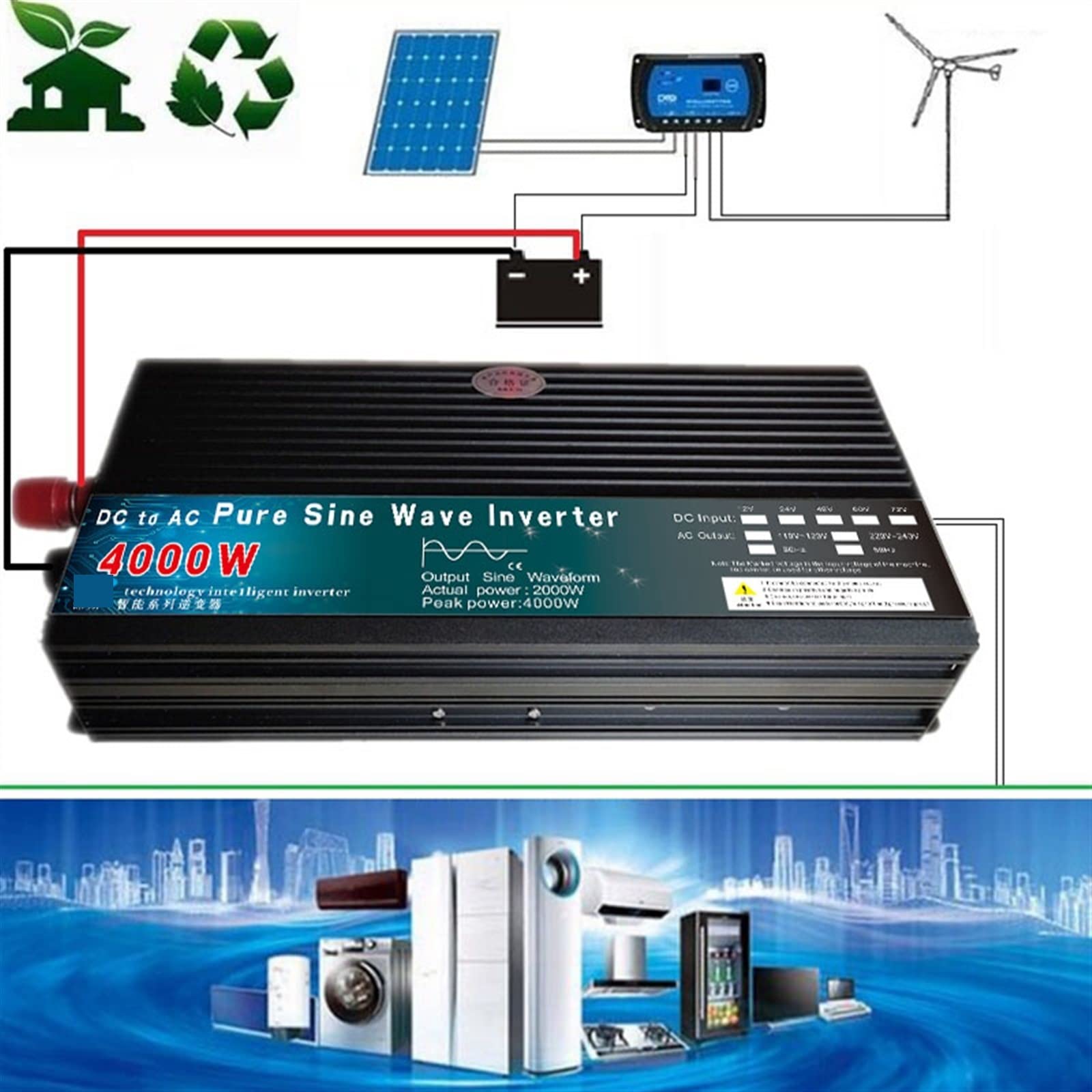 Falownik 4000W 5000W czysta fala sinusoidalna przetwornica DC12V 24V 48V 60V do AC 110 220 konwerter napięcia energii słonecznej samochód gospodarstwa domowego(4000W,110-120V 60Hz)