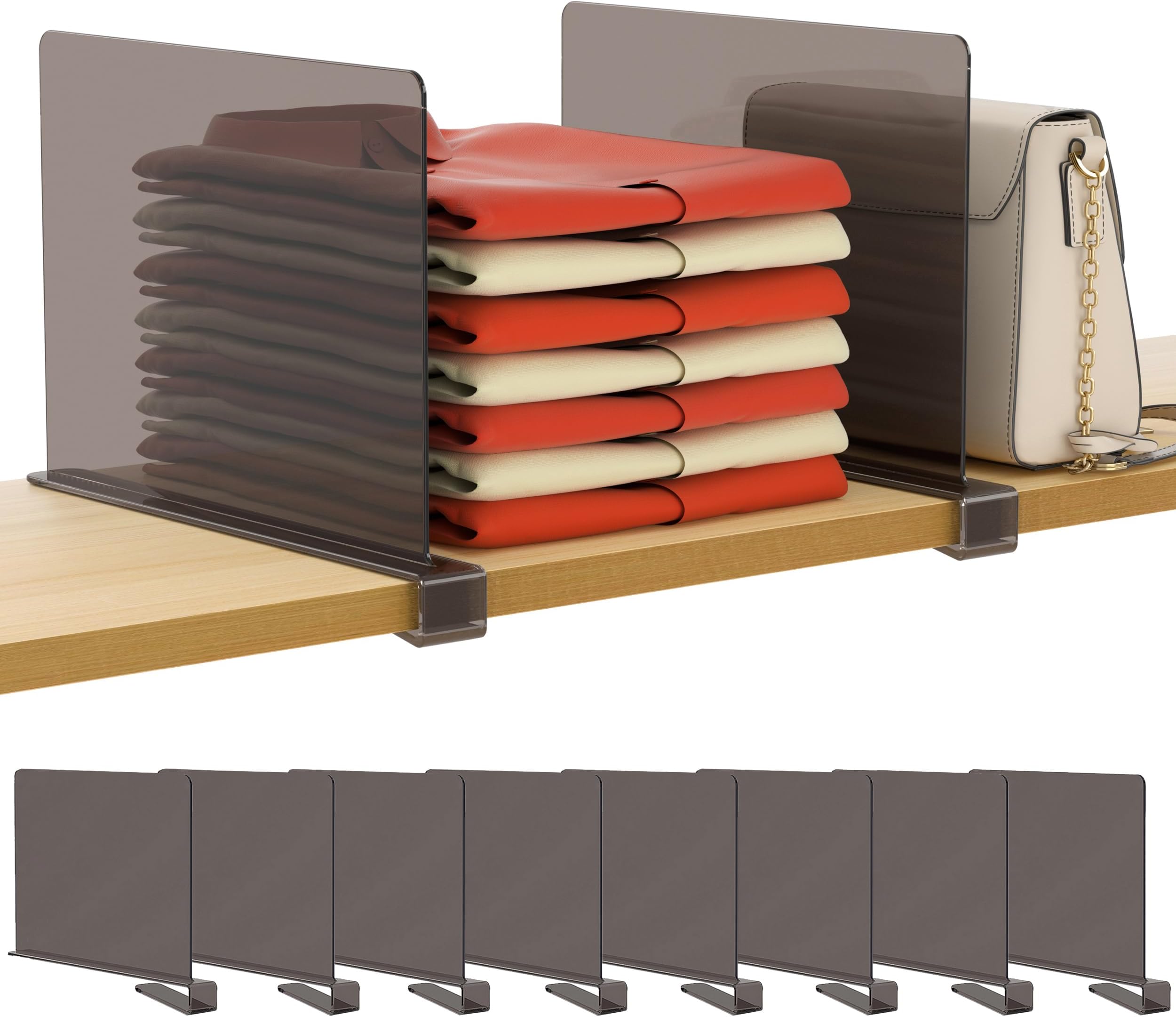 HBlife 8 Pack Grey Shelf Dividers, Vertical Purse Organizer for Closet Perfect for Sweater, Shirts, Handbags in Bedroom and Kitchen, Adjustable Acrylic Bookshelf for Organization