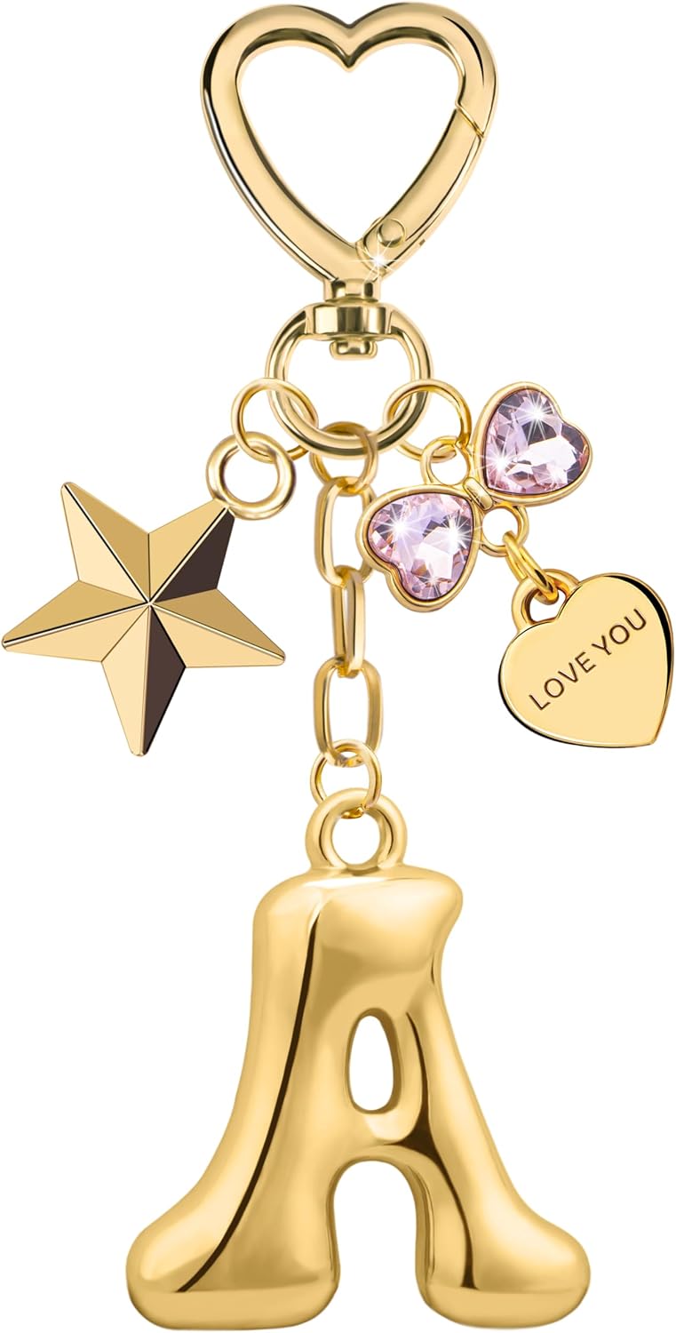 Suweibuke Cute Gold Initial Letter Keychain with Shining Pink Rhinestones, Charms for Key Handbag Backpack, Women Girls Gifts