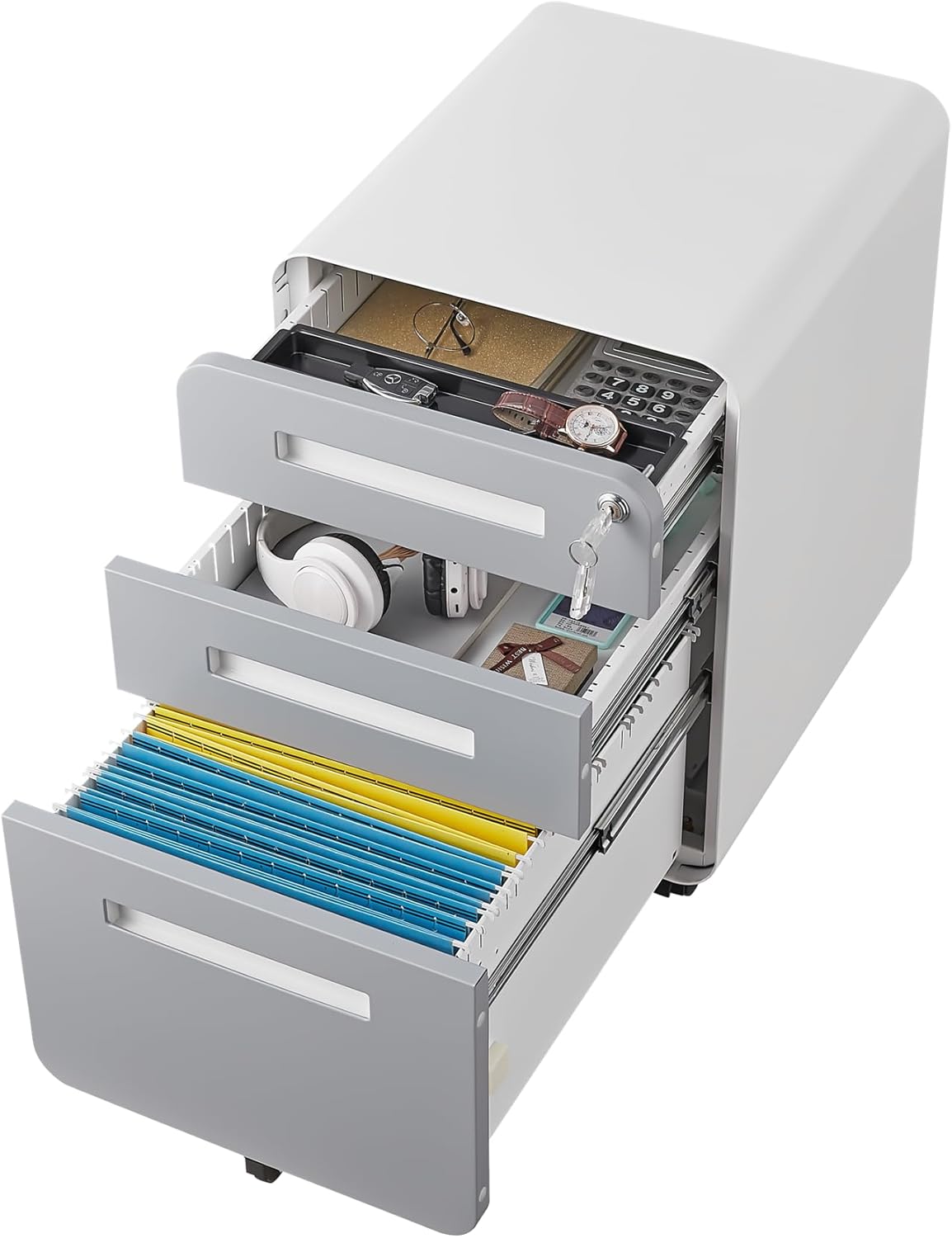 Office Pedestal File Cabinet: Lockable, Compact Storage Solution for Home Office - Under Desk Cabinet with Removable Pencil Tray, Hanging Bar, and 5 Utility Wheels (White+Gray)