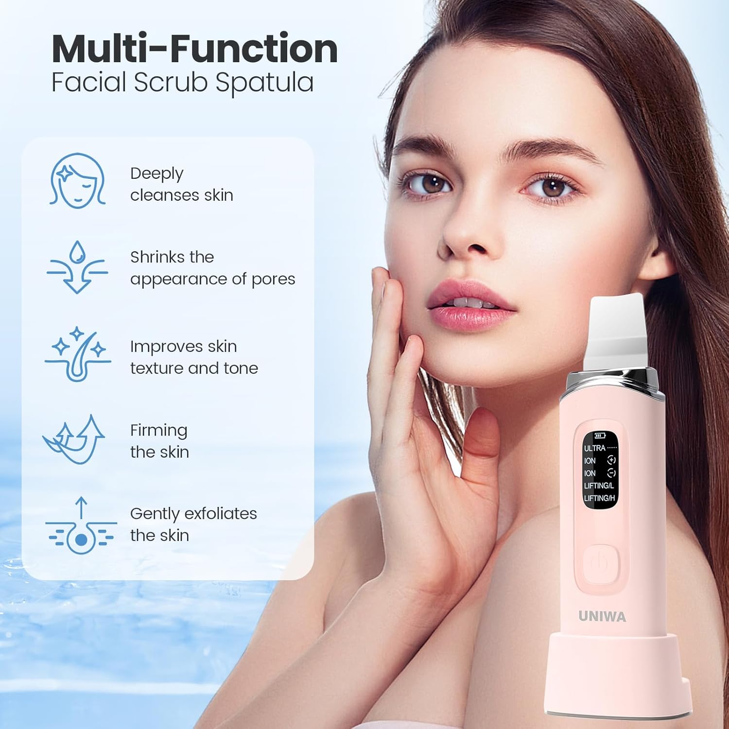 UNIWA Skin Scrubber Face Spatula, Skin Scrubber Pore Cleaner Blackhead Remover Tool for Deep Facial Cleansing - 4 Modes, Face Spatula with USB Charger, LCD Display, IPX7 Waterproof -Pink - Image 2