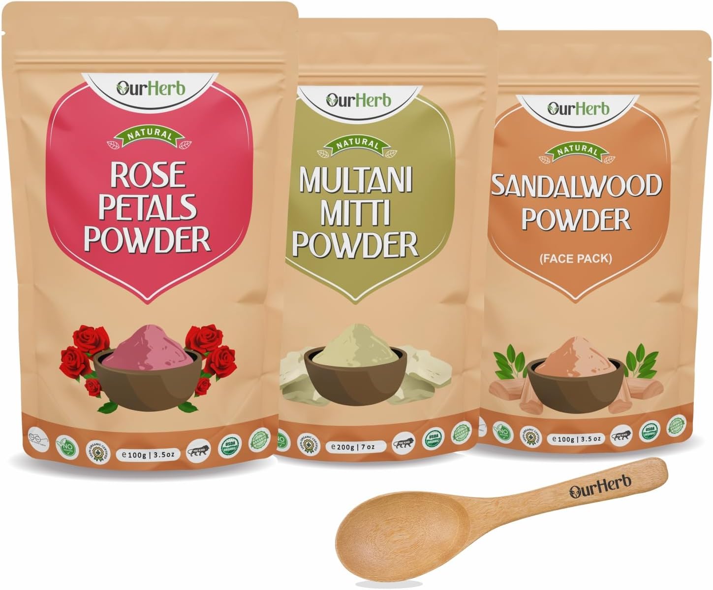 Rose Petal + Sandalwood + Mulatni Mitti Powder | Face Pack Pure & Natural Skin Whitening | Face mask and Facial | for All Type of Skin Care with Spoons Combo Pack - 300g (100g X 3)