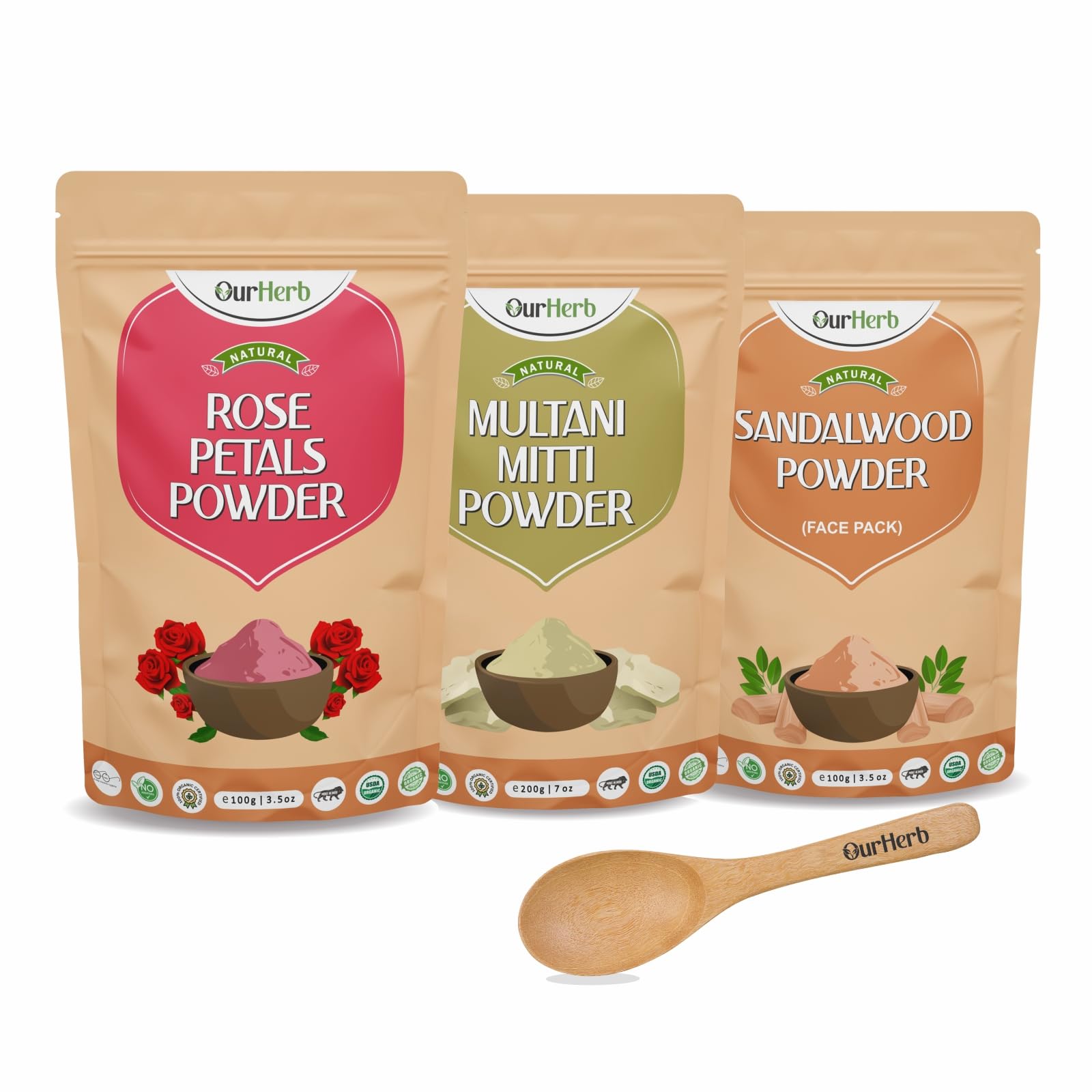 Rose Petal + Sandalwood + Mulatni Mitti Powder | Face Pack Pure & Natural Skin Whitening | Face mask and Facial | for All Type of Skin Care with Spoons Combo Pack - 300g (100g X 3)