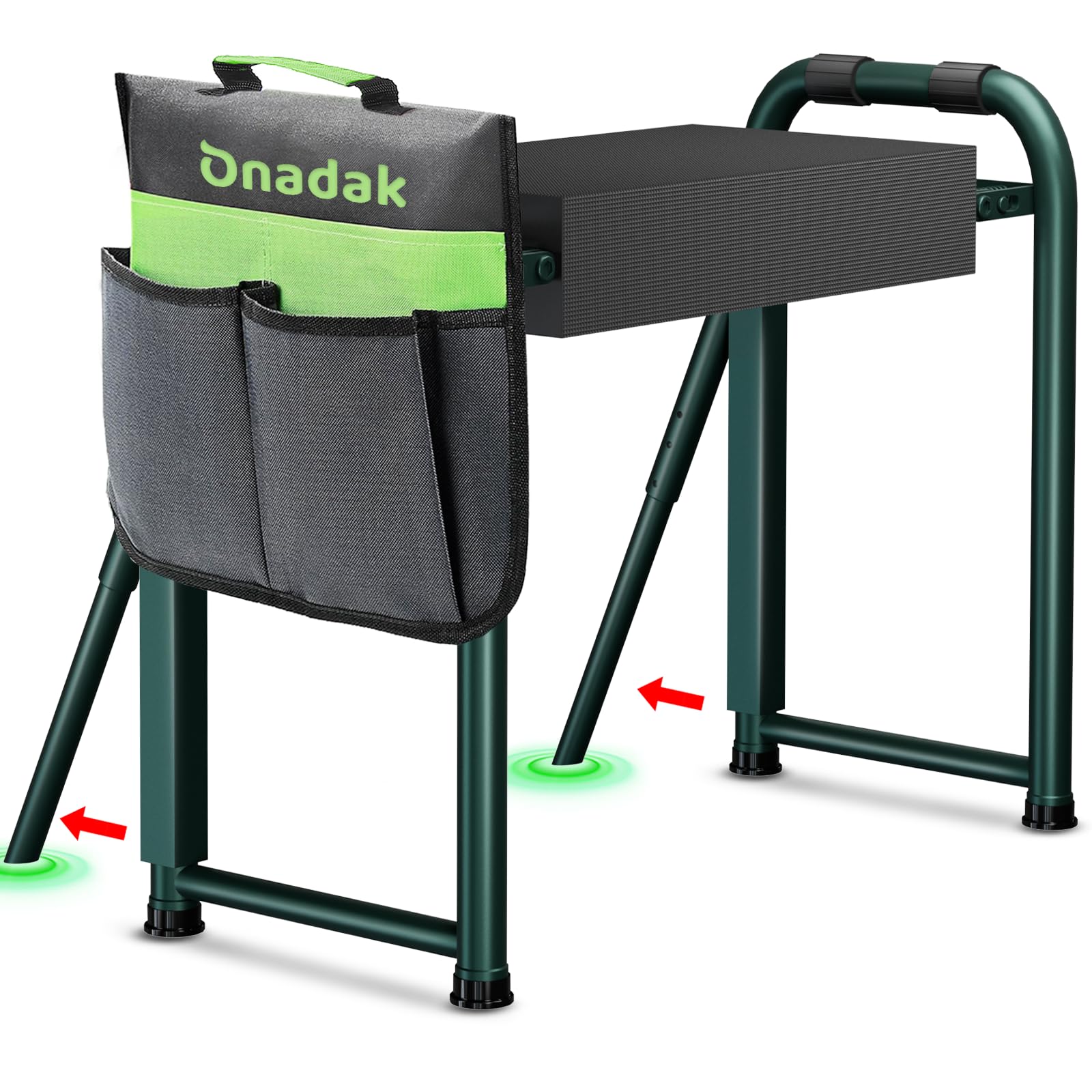 Heavy Duty Garden Kneeler &amp; Seat with Support Legs, 400lbs Capacity Foldable Gardening Stool, Extra Thick Pad &amp; Large Tool Organizer Bag, Ergonomic for Seniors - Dark Green