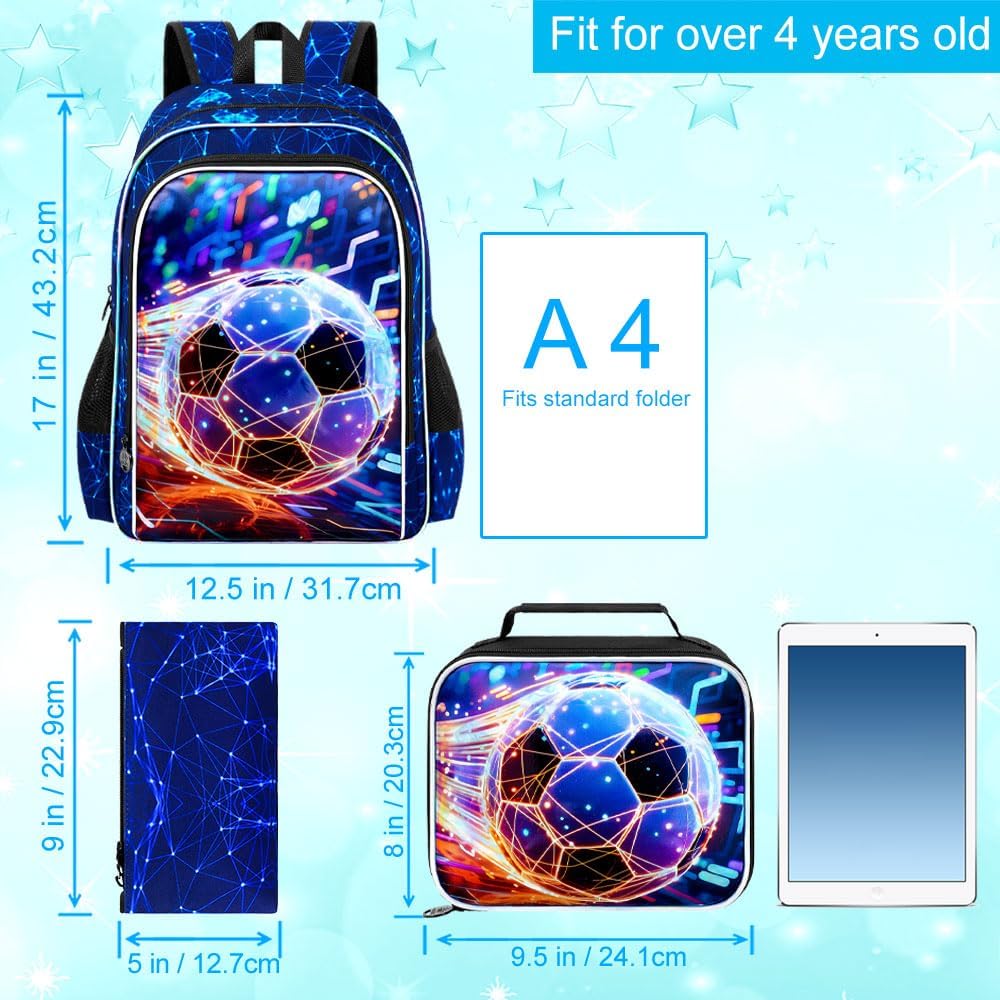 HPJGD 3PCS Boys Soccer Bookbag, Water Resistant Kids Backpack Set with Lunch Box, Cool School Bag for Middle Elementary - Yellow Light Soccer