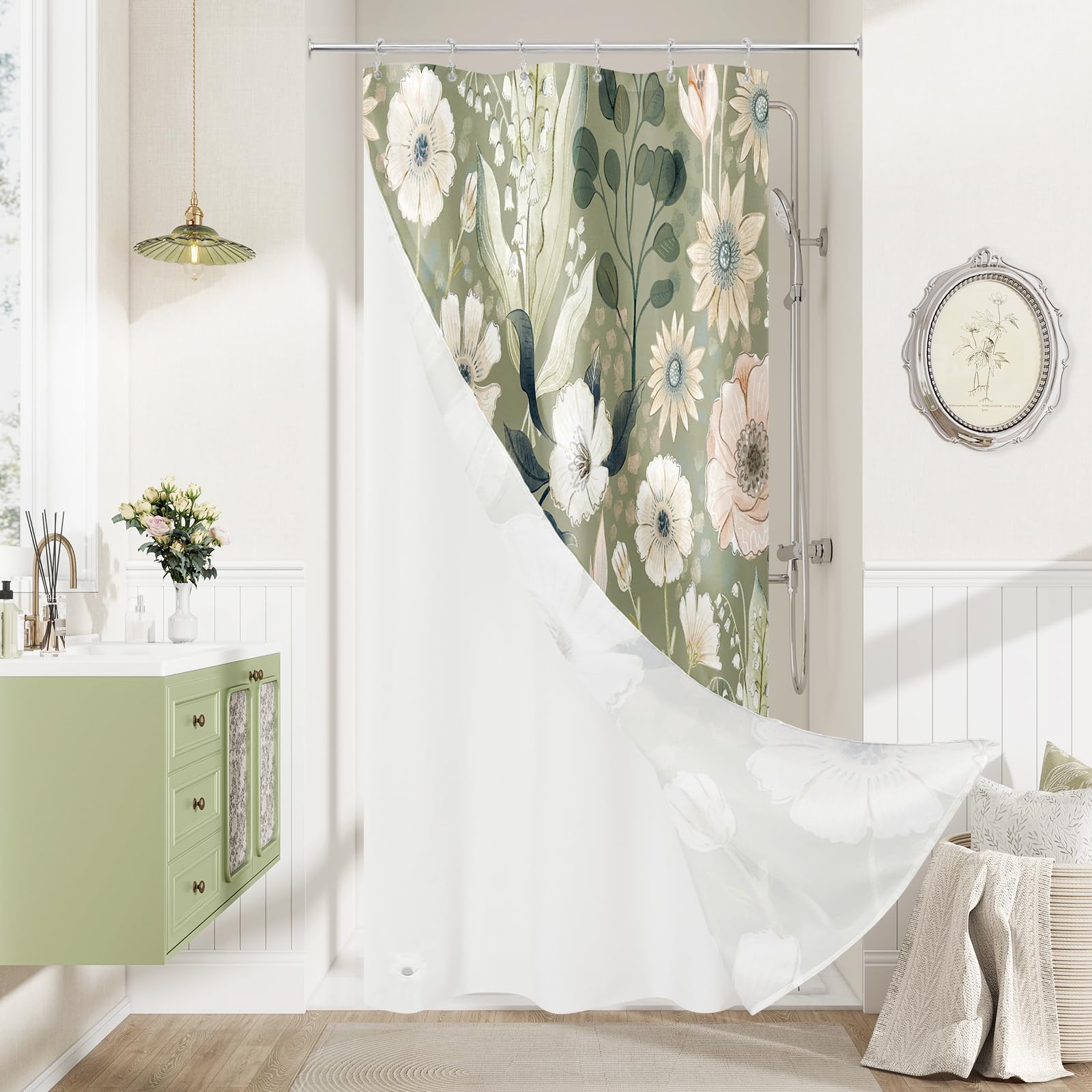 3 in 1 Green Floral Shower Curtain Set with PEVA Liner &amp; 12 Hooks, 36 x 72