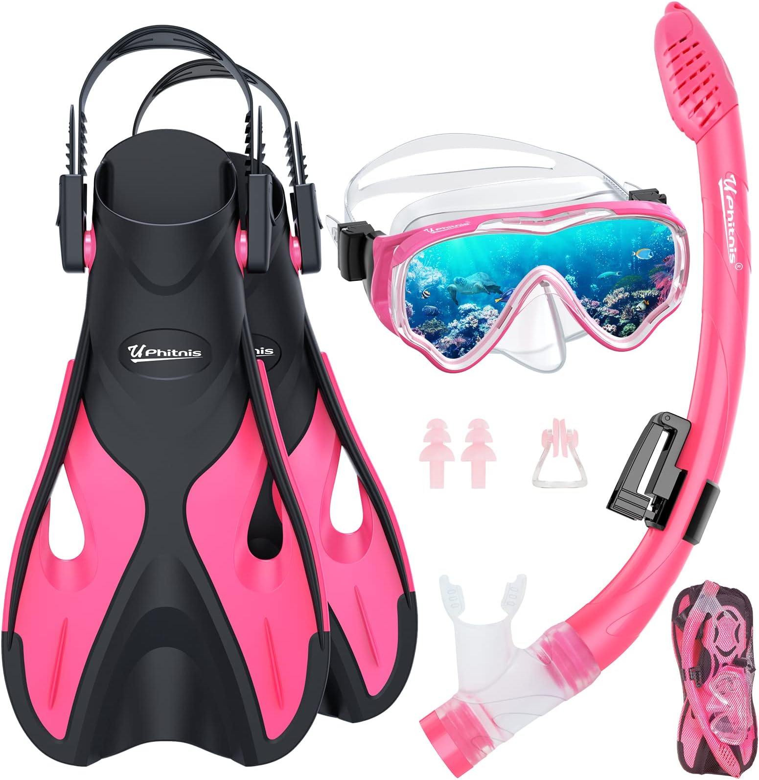 UPhitnis Kids Snorkel Set Swim Fin Kids Snorkeling Set 180 Degree Panoramic View with Anti-Fog Diving Mask Dry Top Snorkel Dive Flippers Snorkeling Gear for Kids Age 4-12