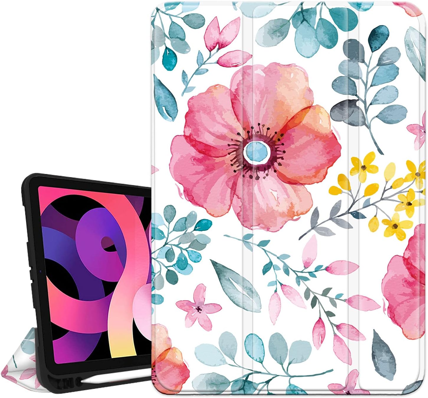 Hepix iPad Air 5th 4th Generation Case with Pencil Holder 2022 2020, iPad 10.9 Case inch Pink Flower Watercolor Floral iPad Air 5 Case Stand Slim Trifold Protective Shockproof Cover Auto Sleep Wake