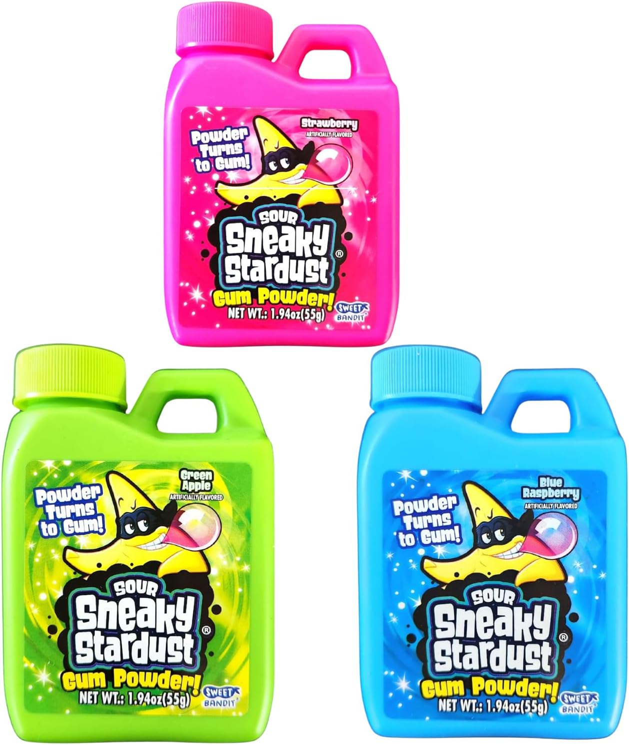 Kidsmania Sneaky Stardust Sour Gum Powder (3 Pack) Blue Raspberry, Green Apple, Strawberry and 2 Gosutoys Stickers