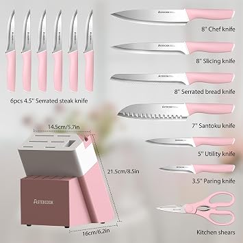 Astercook Knife Set, Kitchen Knives Set with Block and Sharpener 15 Pcs German Stainless Steel Sharp Blade Dishwasher Safe with Ergonomic Handle, Crystal Pink
