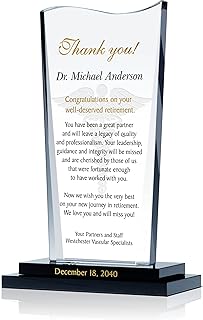 Personalized Crystal Retirement Gift Plaque for Man or Woman, Custom with Retiree Name and Retirement Date - Unique Award for Physicians (L - 9")