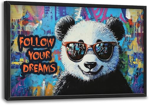 Panda Wall Art, Banksy Pictures Wall Decor, Graffiti Panda Painting, Follow Your Dreams Inspiration Canvas Prints, Framed Artwork for Bathroom Bedroom Living Room Kitchen Office Home Decoration 36"x24"