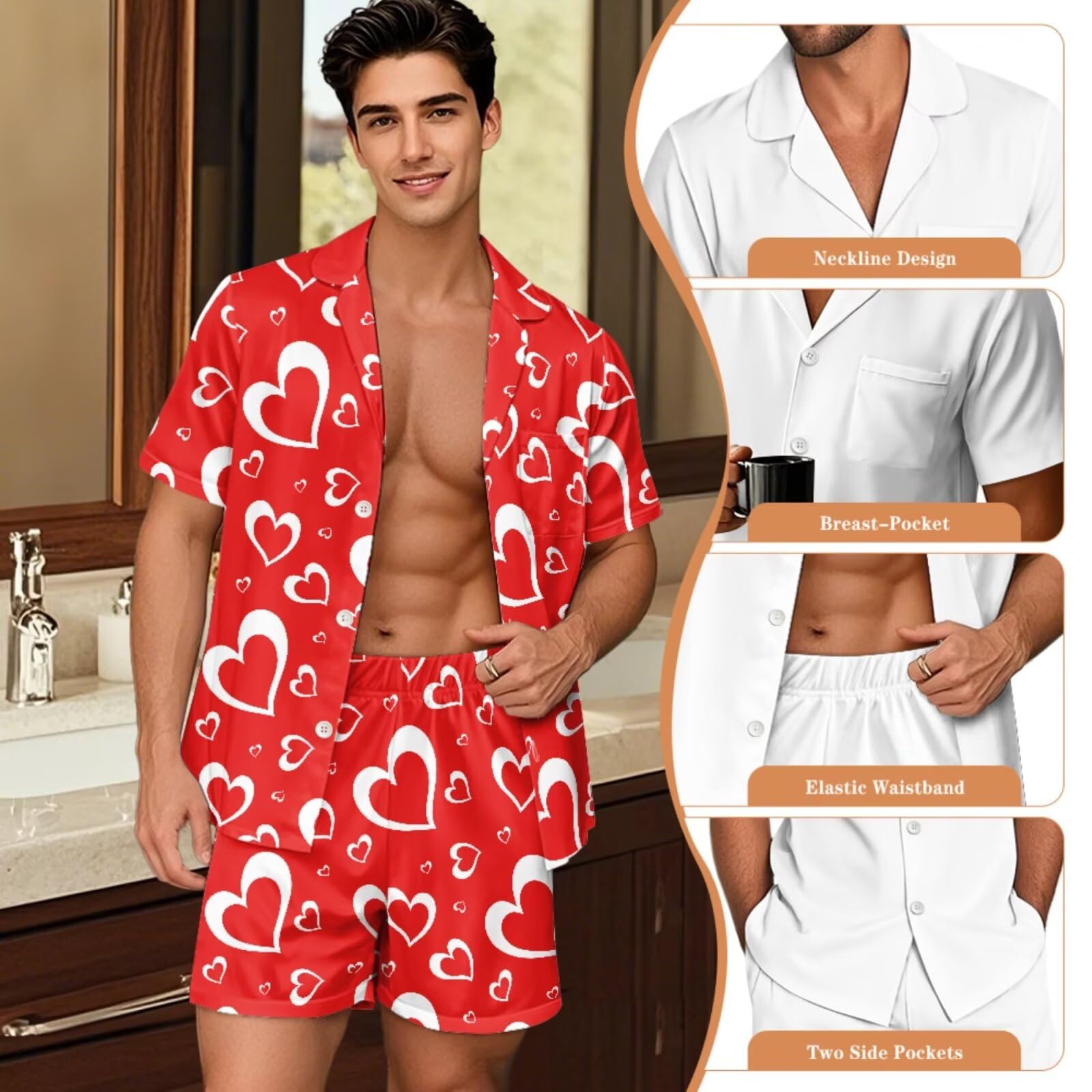 Conjunto de pijama a juego para parejas, de manga corta, con botones, ropa de dormir, Corazones rojos, 4XL