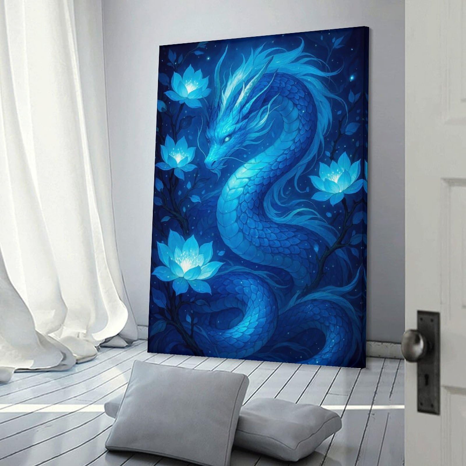 Junmoney Wall Picture Print Blue Dragon And Lotus Flowers, 16x24inch(40x60cm), for Workspace Walls, Study Corners Or Bedrooms, A Smart Decor Choice for Study Walls