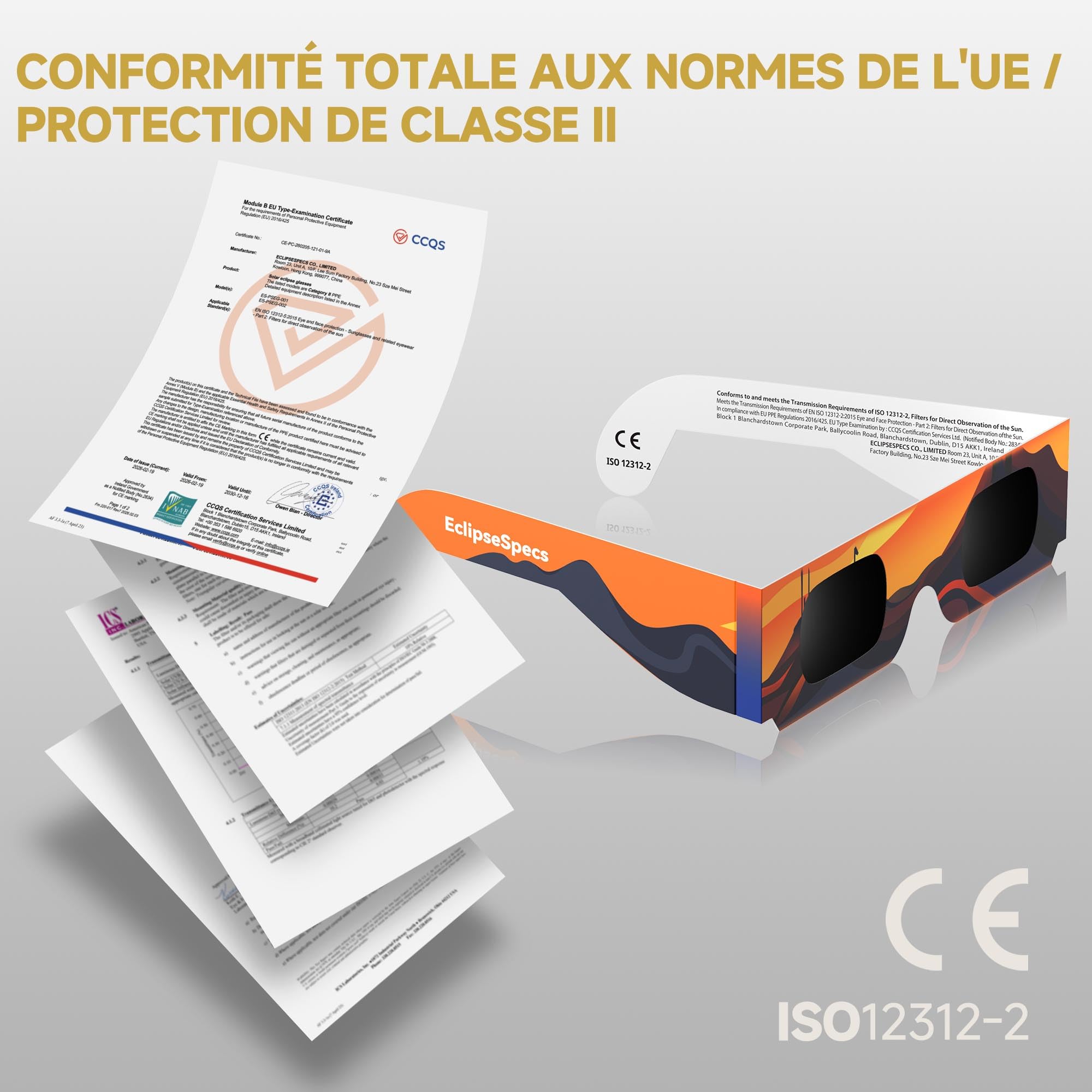 Lunette éclipse solaire [Lot de 3] - Homologuées ISO 12312-2 CE - Observation directe éclipse 2026