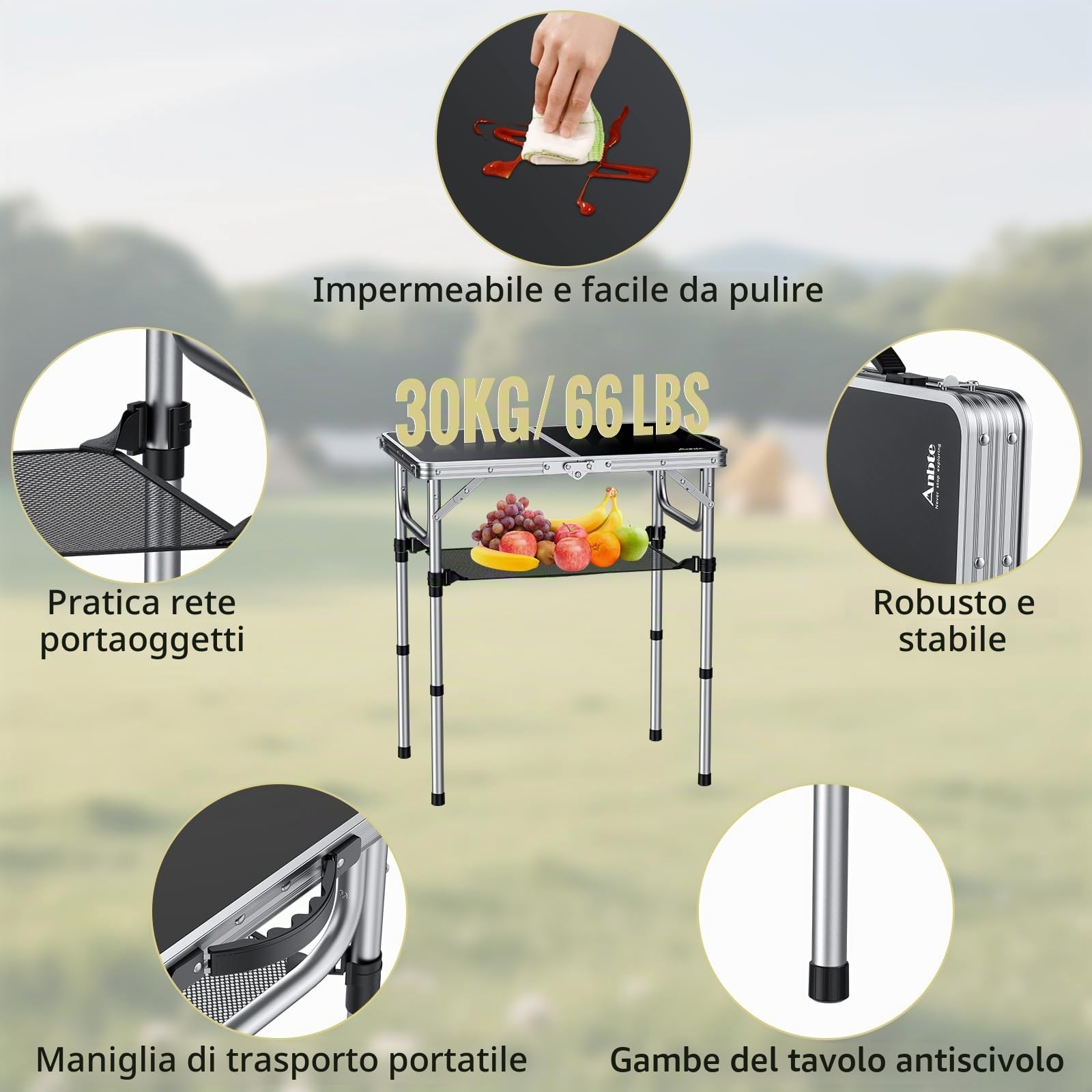 Anbte Tavolo Pieghevole da Campeggio da Caffè 58 * 40 * 67-3 Regolabili in Altezza con Gambe in Alluminio Rinforzato e Filettatura Metallo,Tavolino Portatile per Picnic/Lavoro-Nero