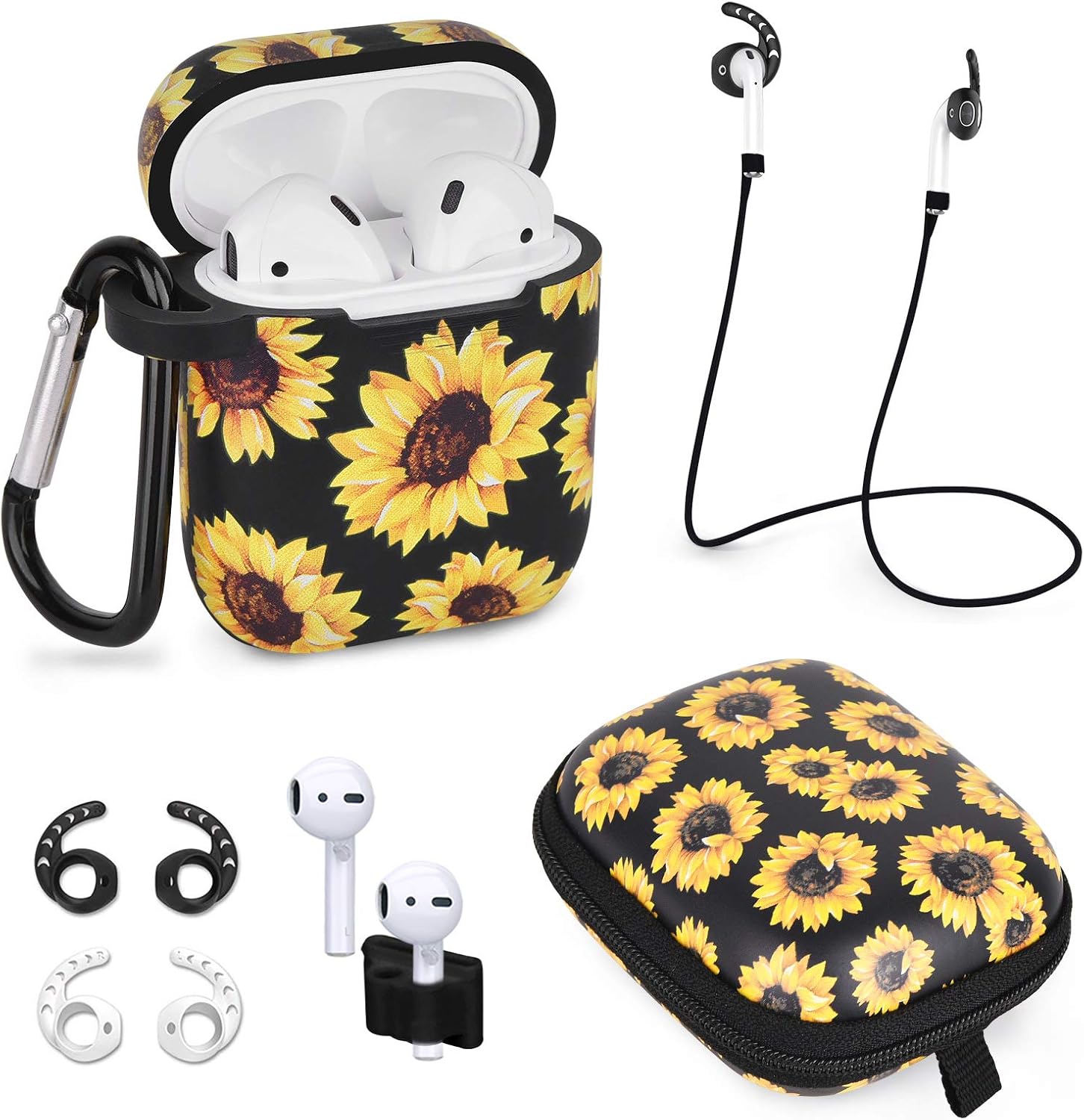 Airpods Case - Airspo 7 in 1 Airpods Accessories Set Compatible with Airpods 1 & 2 Protective Silicone Cover Floral Print Cute Case (Sunflower)
