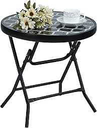PHI VILLA Folding Side Table, Foldable Coffee Table, Outdoor Garden Table, Small Round Patio Table - Black Grid