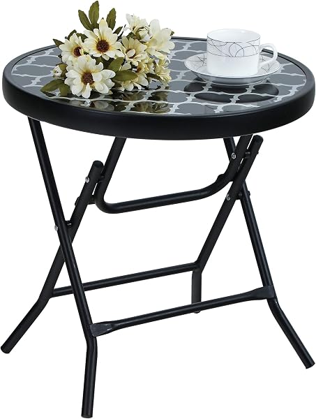 PHI VILLA Folding Side Table, Foldable Coffee Table, Outdoor Garden Table, Small Round Patio Table - Black Grid - 1