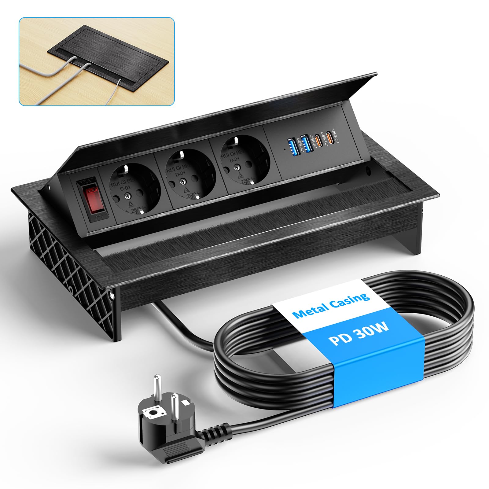 Alpheus Presa a scomparsa a 3 vie, USB-C PD30W, alluminio, nero