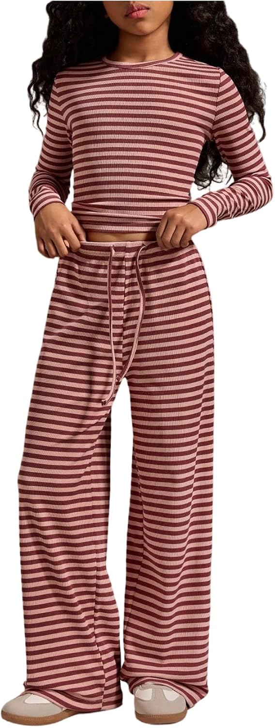Floerns Girl's 2 Piece Summer Outfits Striped Long Sleeve T Shirts with Drawstring Pants Clothing Set