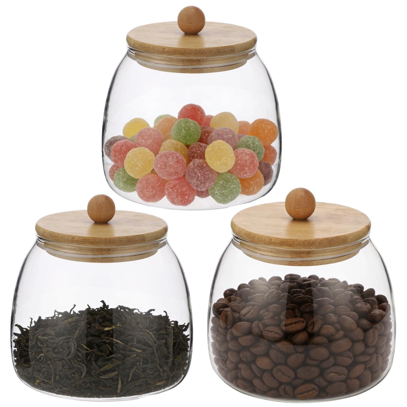 Calolin 3 Pcs Glass Jars with Wooden Lids, 25 oz Airtight Tea Sugar Canisters Set, Clear Glass Kitchen Storage Jars for Tea, Coffee Beans, Spices, Sugar, Nuts