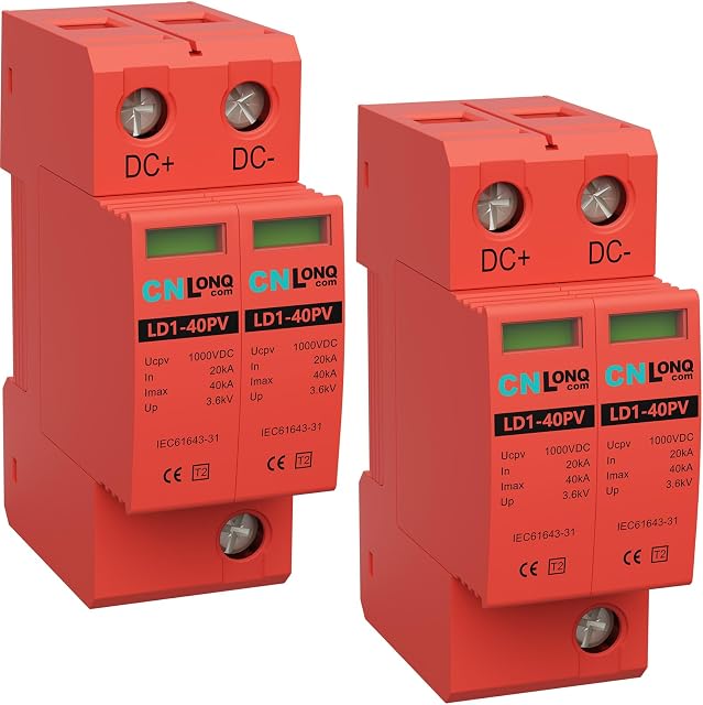 2P 40KA Protecteur de surtension DC 1000V Solaire PV Appareil d'arrêt de foudre pour Rv, Système de protection contre la foudre à domicile 35mm DIN Montage ferroviaire (2pcs)