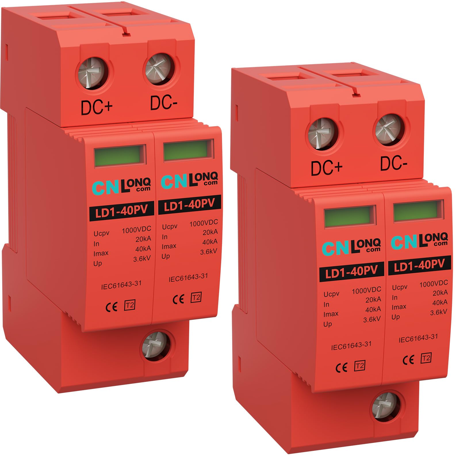 2P 40KA Voltage Surge Protector DC 1000V Solar PV Lightning Arrester Device for Rv, Home Lightning Protection System 35mm DIN Rail Mount (2pcs)