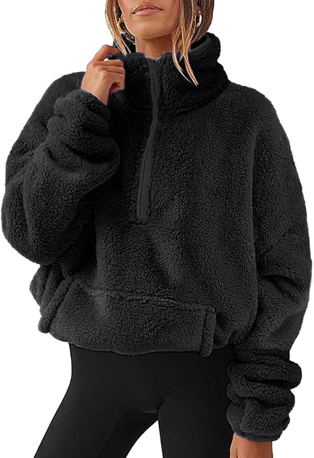 Heevina Sweatshirt For Women Fleece Solid Color 1/4 Zip Pocket Lapel Stand Collar Sweatshirt Fall Trendy Winter