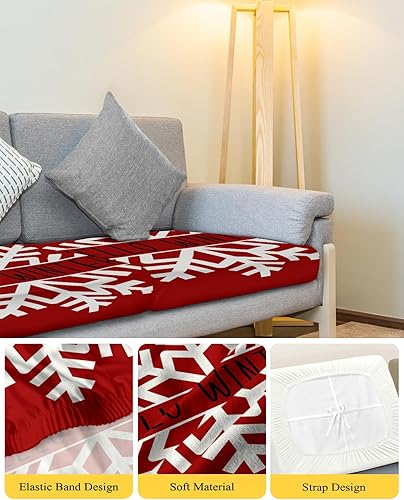 Miniatura 4 de Wowouhiya Fundas de cojín para sofá de Navidad con diseño de copos de nieve rojos, funda elástica para sofá con parte inferior elástica, fundas de