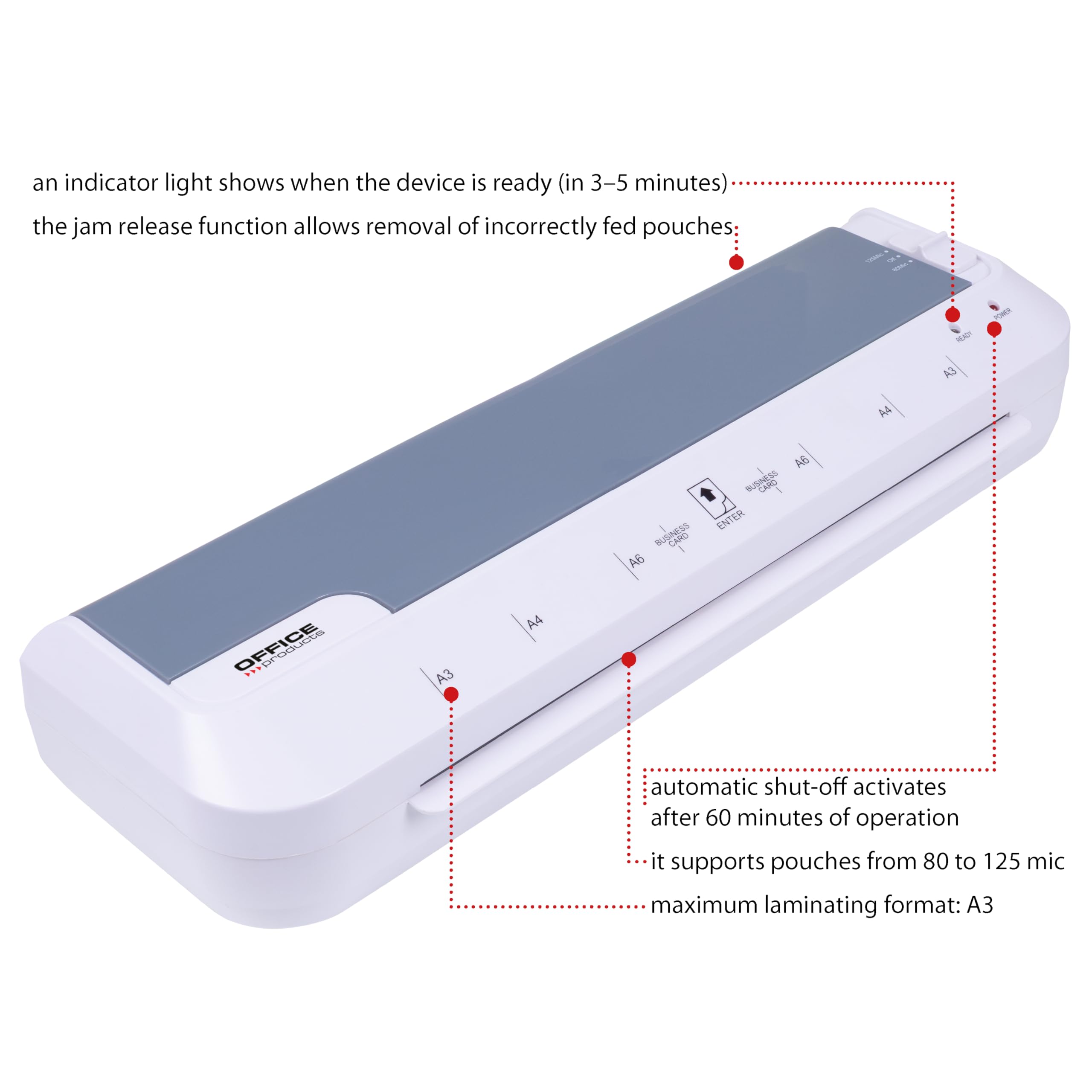 OFFICE PRODUCTS Plastificadora 332/Apto para Documentos A3/Laminadora Térmica Caliente/Velocidad de plastificado: 30cm/min/80 a 125 micrones/Calentamiento Rápido/Blanca/Colegio, Oficina y Hogar