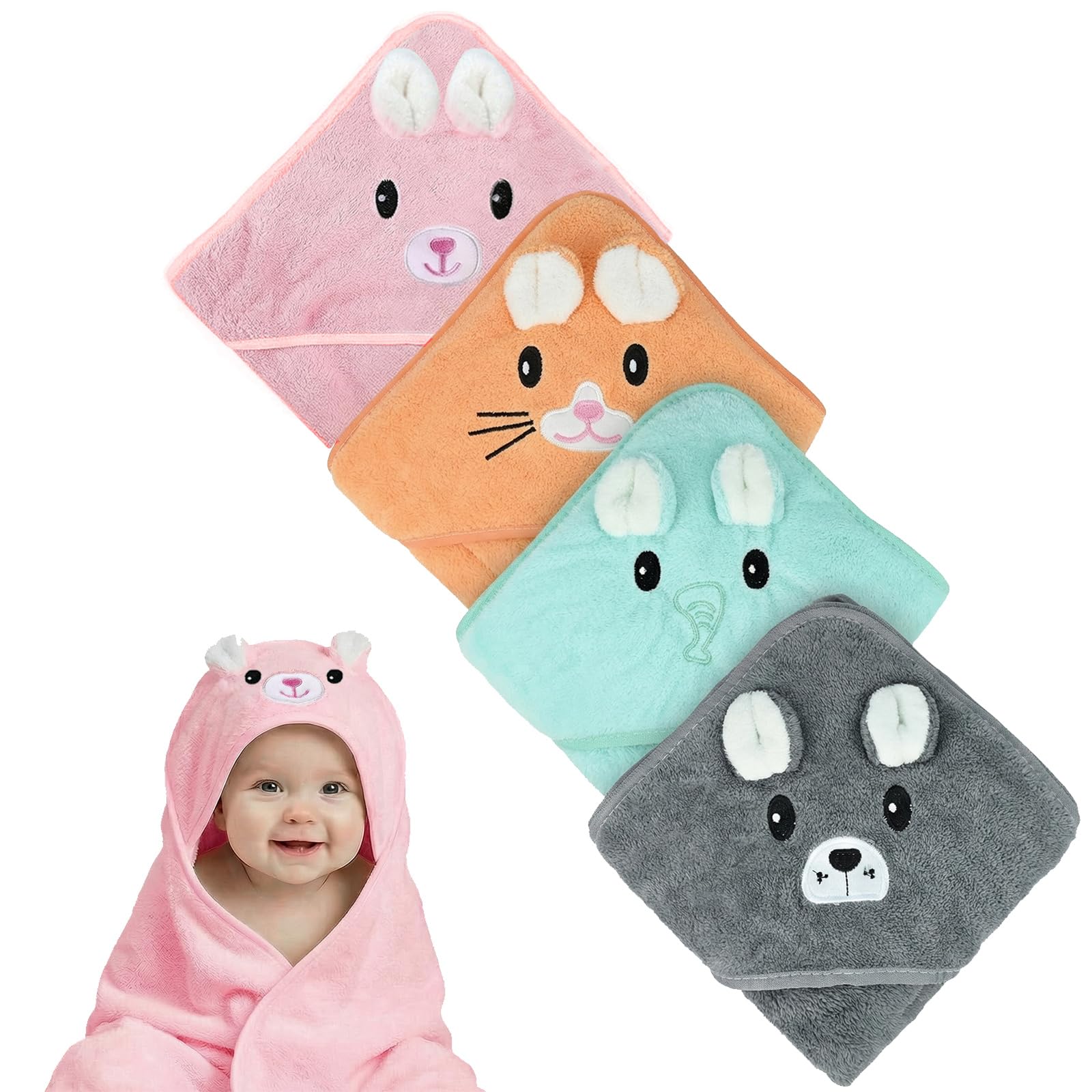 CECOMBINE 4 Pcs Hooded Baby Towel, 80x80cm Baby Bath Towels with Hood, Ultra-Soft Absorbent Unique Animal Design Bath Towel for Newborn, Infant, Boys and Girls(Pink, Green, Orange, Gray)