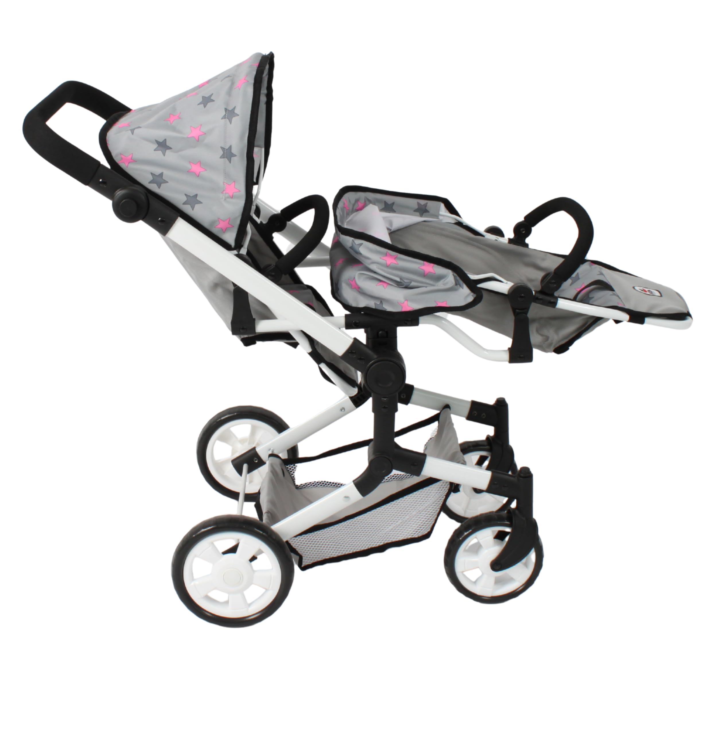 Bayer Chic 2000® Wózek dla lalek Linus Duo – gwiazdka szara – składany wózek dla lalek bliźniaczych – regulowany uchwyt 50-82 cm – lalki do 50 cm – 4-8 J.