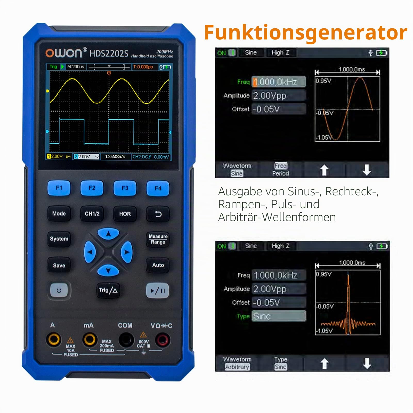 OWON HDS2202S 2-Kanal-Handoszilloskop 200 MHz Bandbreite 20000 Counts Multimeter OSC + DMM + Wellenformgenerator