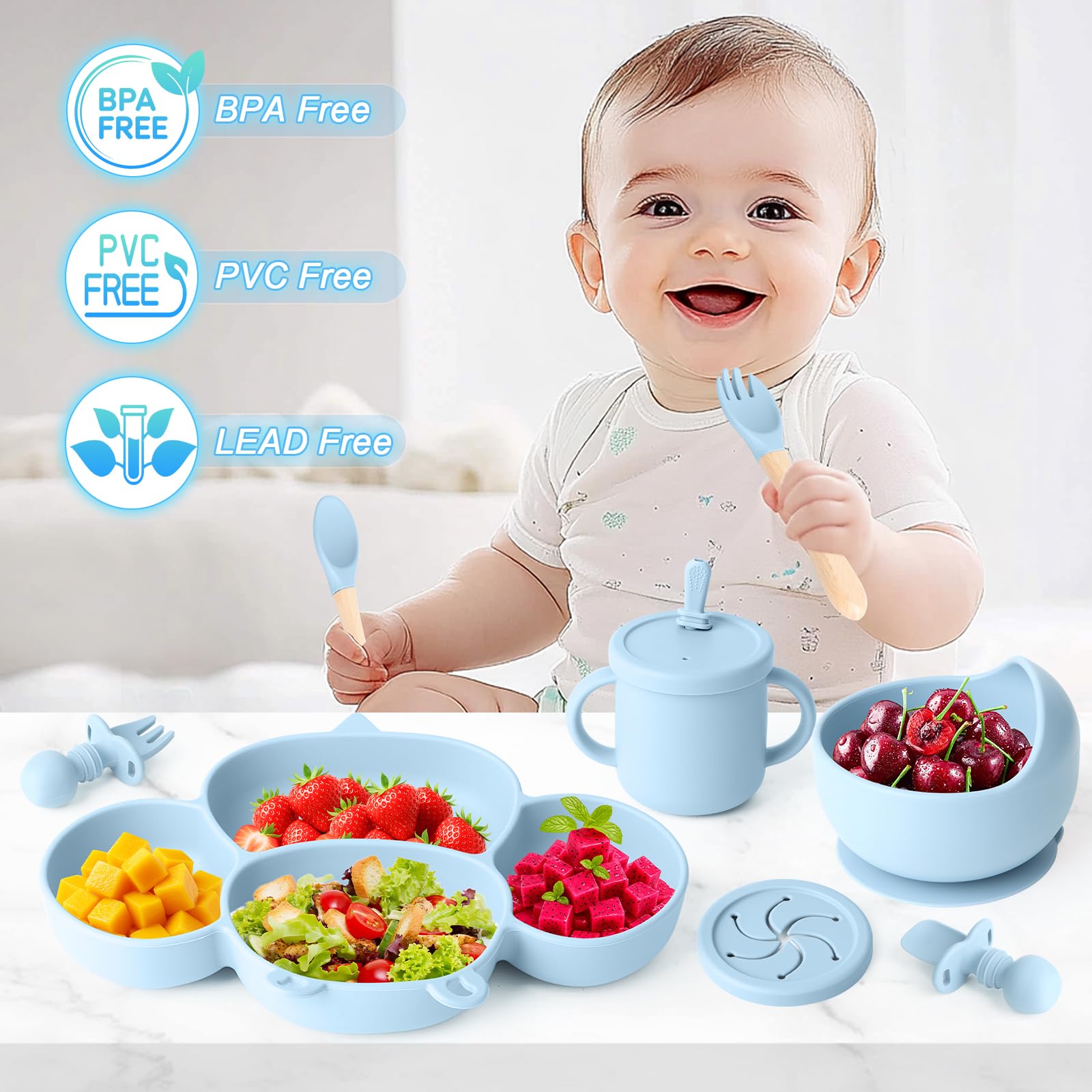 Set de Vaisselle Bébé en Silicone,Set de Repas Antidérapant pour Enfant avec Ventouse, Set de Vaisselle 8 Pièces Bébé