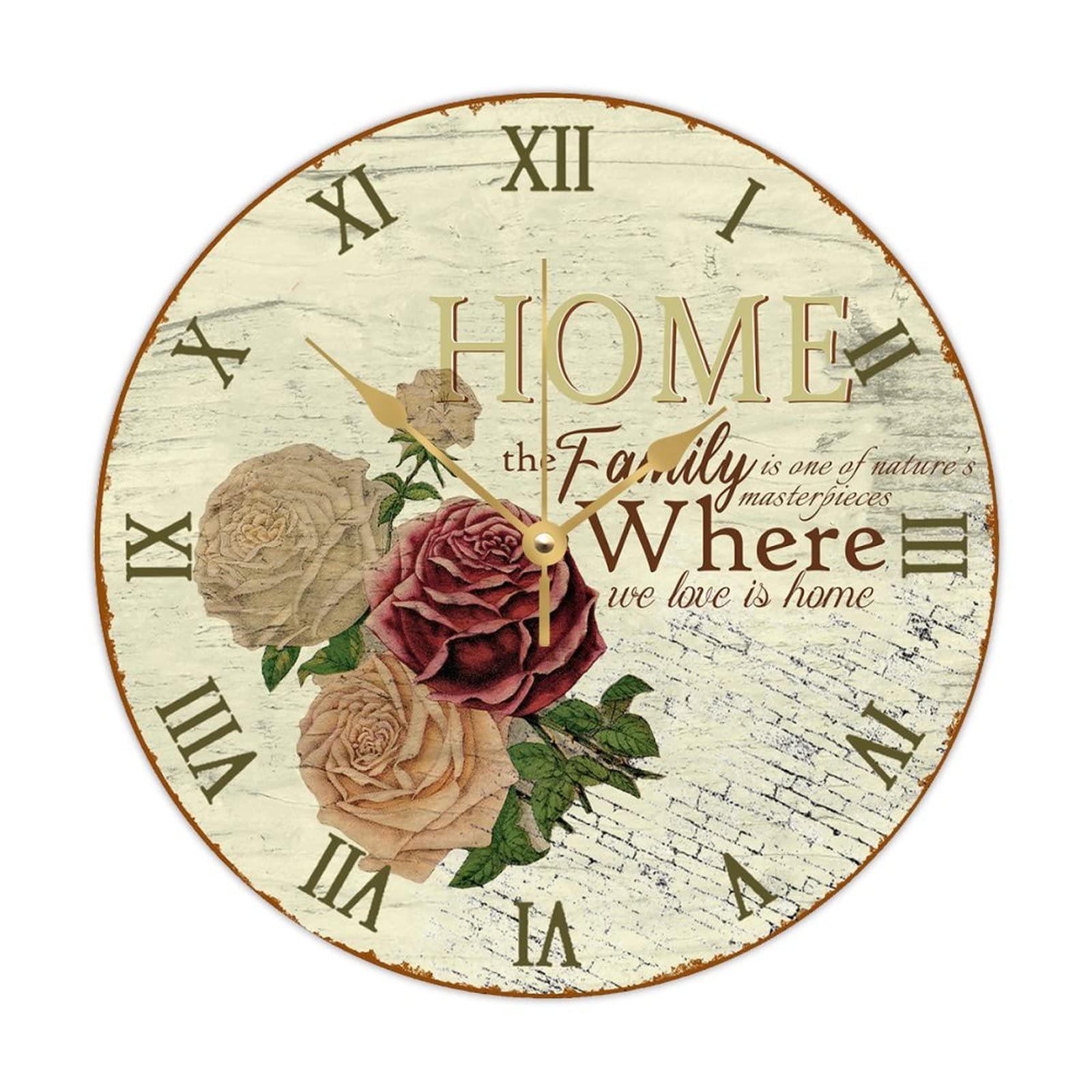 Horloge murale ronde en bois vintage fleur aquarelle muette 38cm