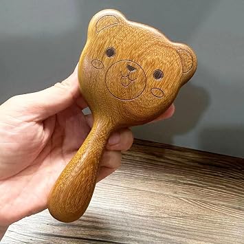 Sandalwood Bristle Hair Brush, Detangling Cat Bear Shape Natural Wood Hairbrush Travel Size, Gentle Massage Scalp Thick/Thin/Curly/Dry Hair For Women Kids Coffee-Bear