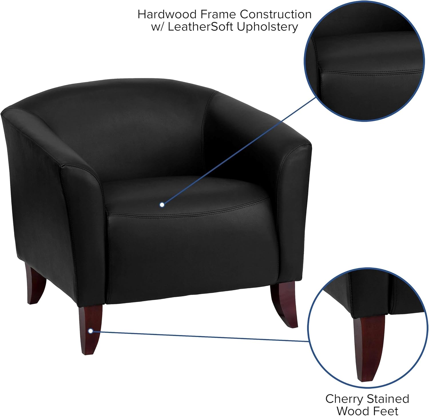 BOWERY HILL Leather Upholstered Chair, Black and Cherry Finish, 30" H x 32" W x 29" D, Hardwood Frame, Cherry Wood Feet, Contemporary Accent Chair for Office, Waiting Room or Home Use