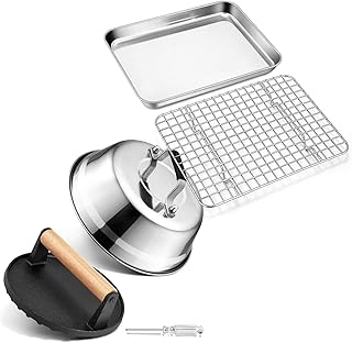 9” Baking Pan with Cooling Rack & Basting Cover Burger Press, Joyfair 9” Cheese Melting Dome Cast Iron Grill Press for Outdoor Griddle BBQ, Stainless Steel Toaster Oven Tray Pans with Grid Racks