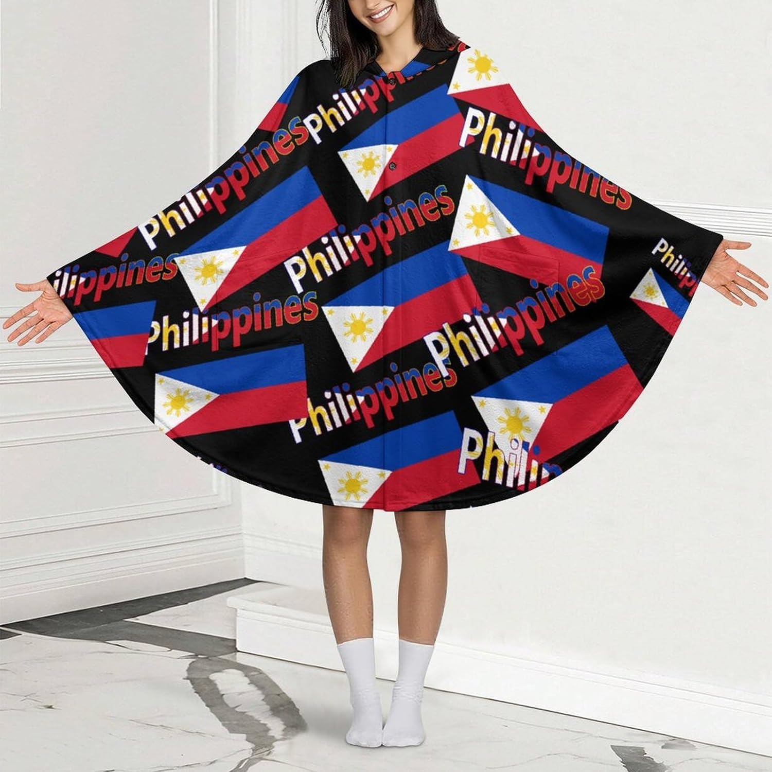 Flag of The Philippines Wearable Blanket with Hooded Flannel Blankets Cape with Pocket