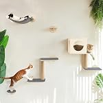 FUKUMARU Cat Wall Shelves, 5-Piece Wall-Mounted Furniture Set, Stable Wooden Kitty Climber with Hammock, House, Steps, Scratching Post - Beige