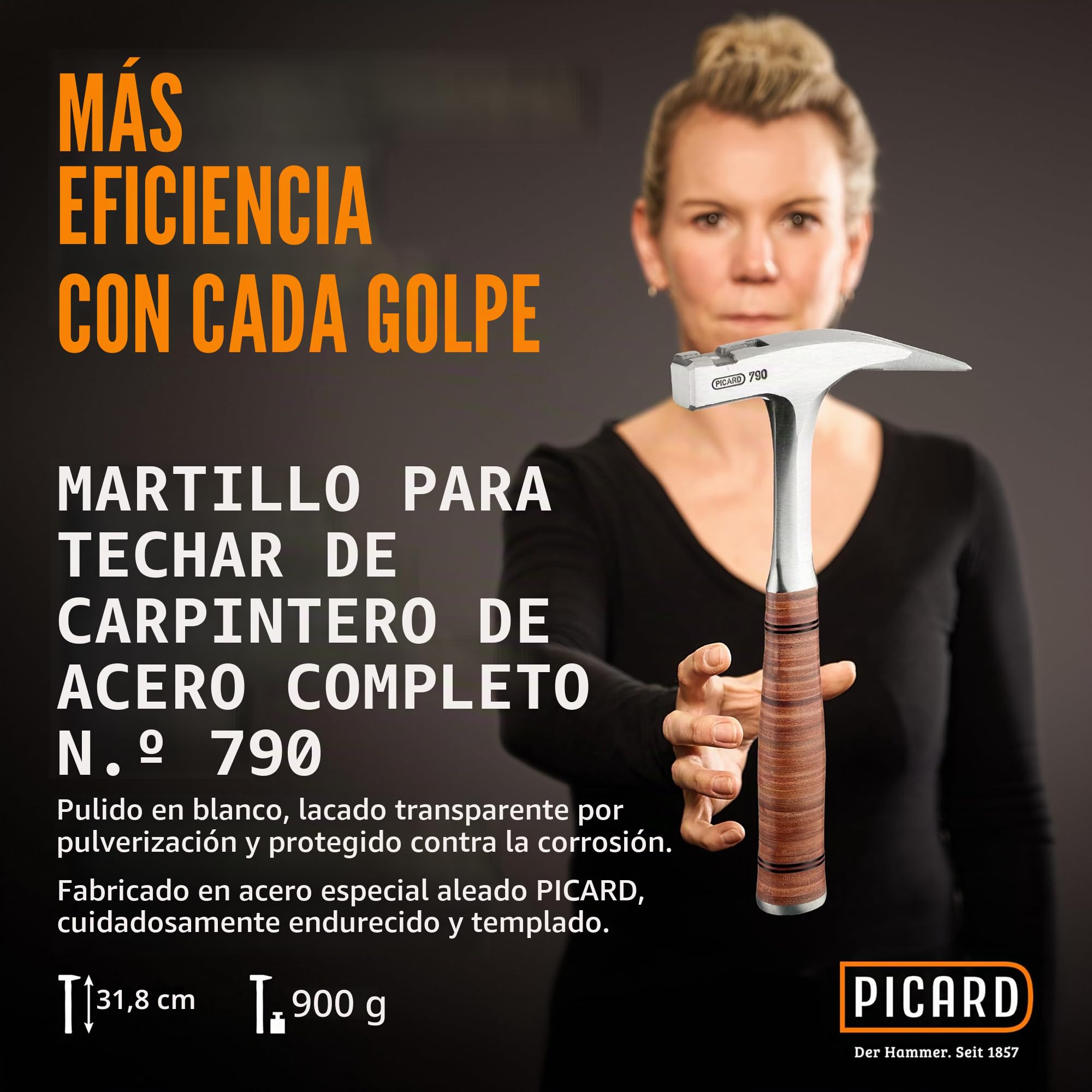 PICARD Martillo de carpintero de acero inoxidable Nº 790 liso | Soporte magnético para clavos | Mango de cuero de núcleo resistente a la torsión | Peso: 907 g | Ideal para techadores y carpinteros |